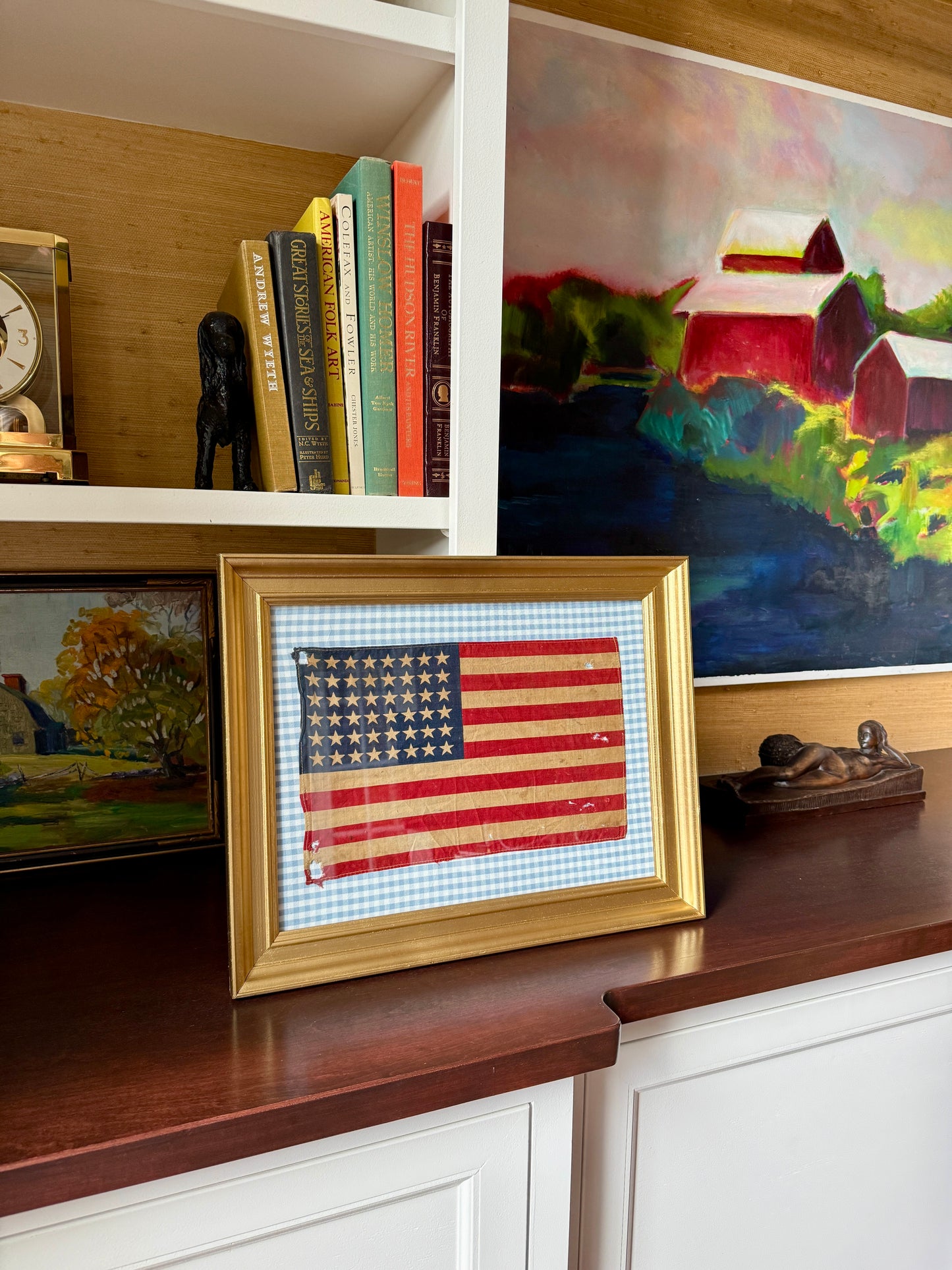 Vintage 48 Star American Flag on Light Blue Gingham Fabric in Gold Frame