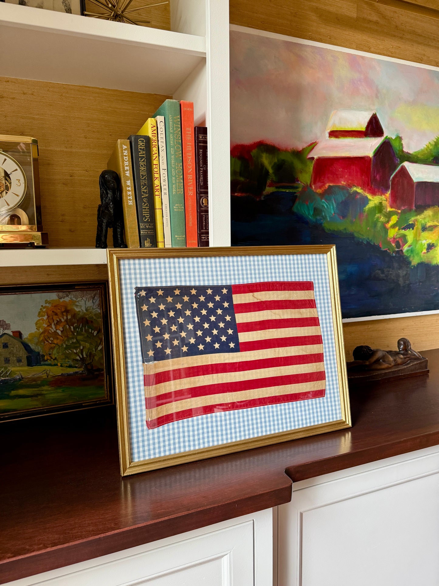 Vintage 50 Staggered Star American Flag on Light Blue Gingham Fabric in Gold Frame