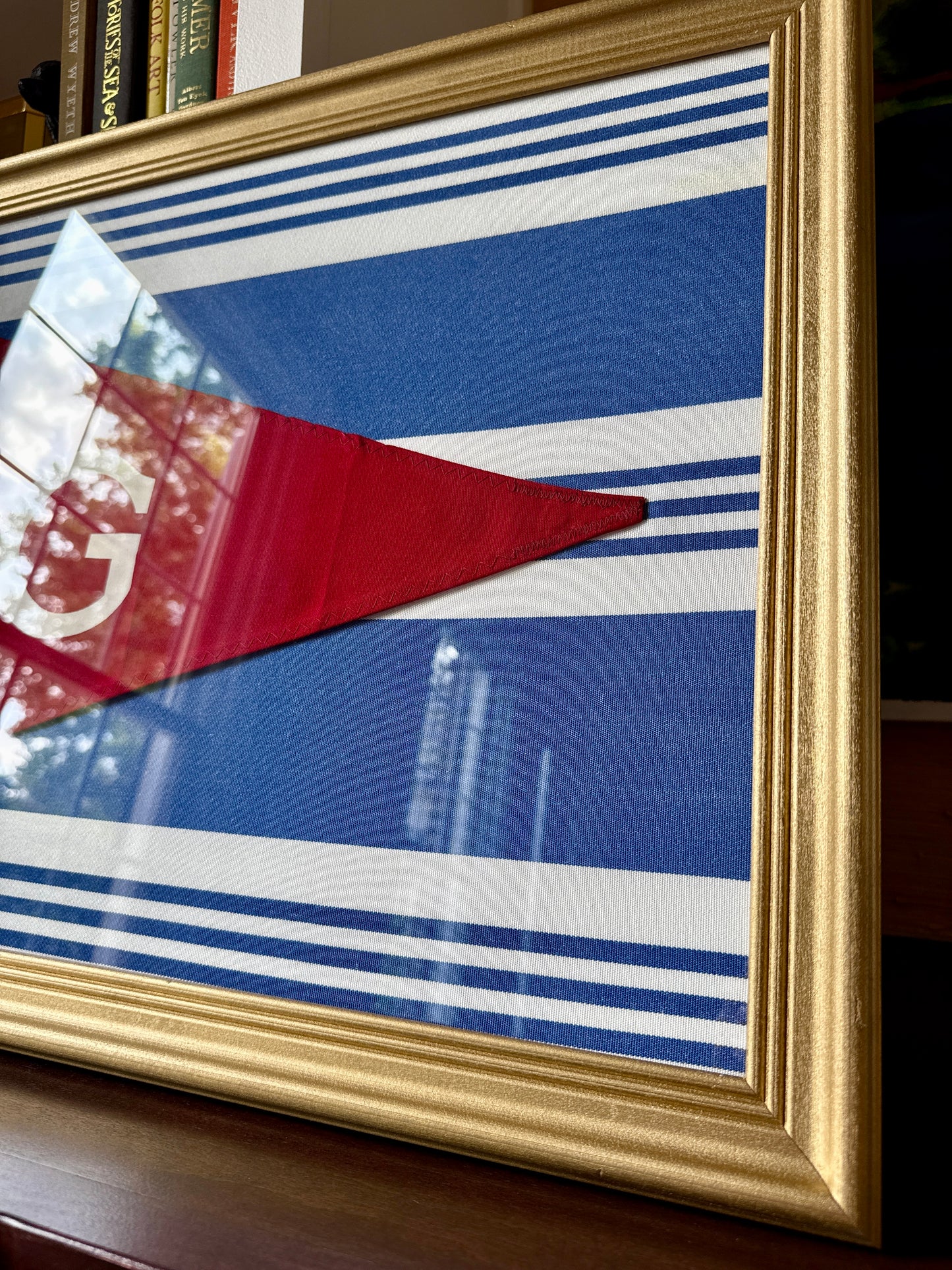 Vintage "G" Initial Canvas Burgee Nautical Flag on Blue White Stars in Gold Frame