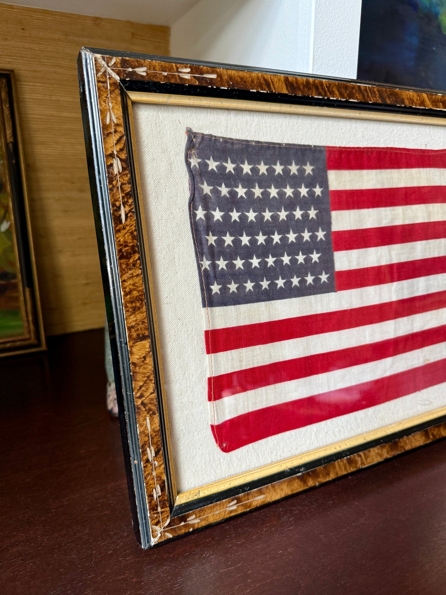Vintage 48 Star American Flag on Duck Cloth in 19th Century Floral Carved Wood Frame