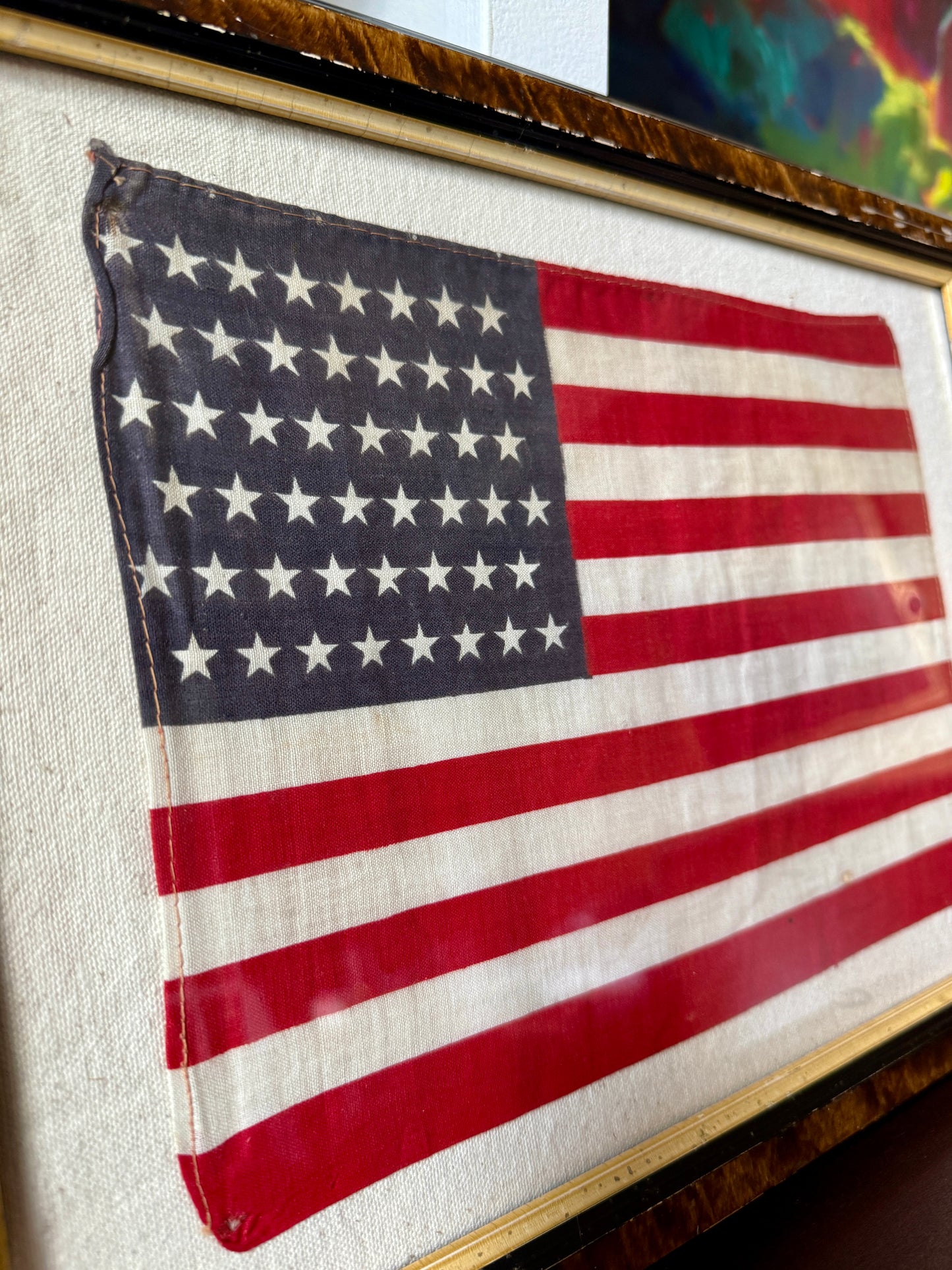 Vintage 48 Star American Flag on Duck Cloth in 19th Century Floral Carved Wood Frame