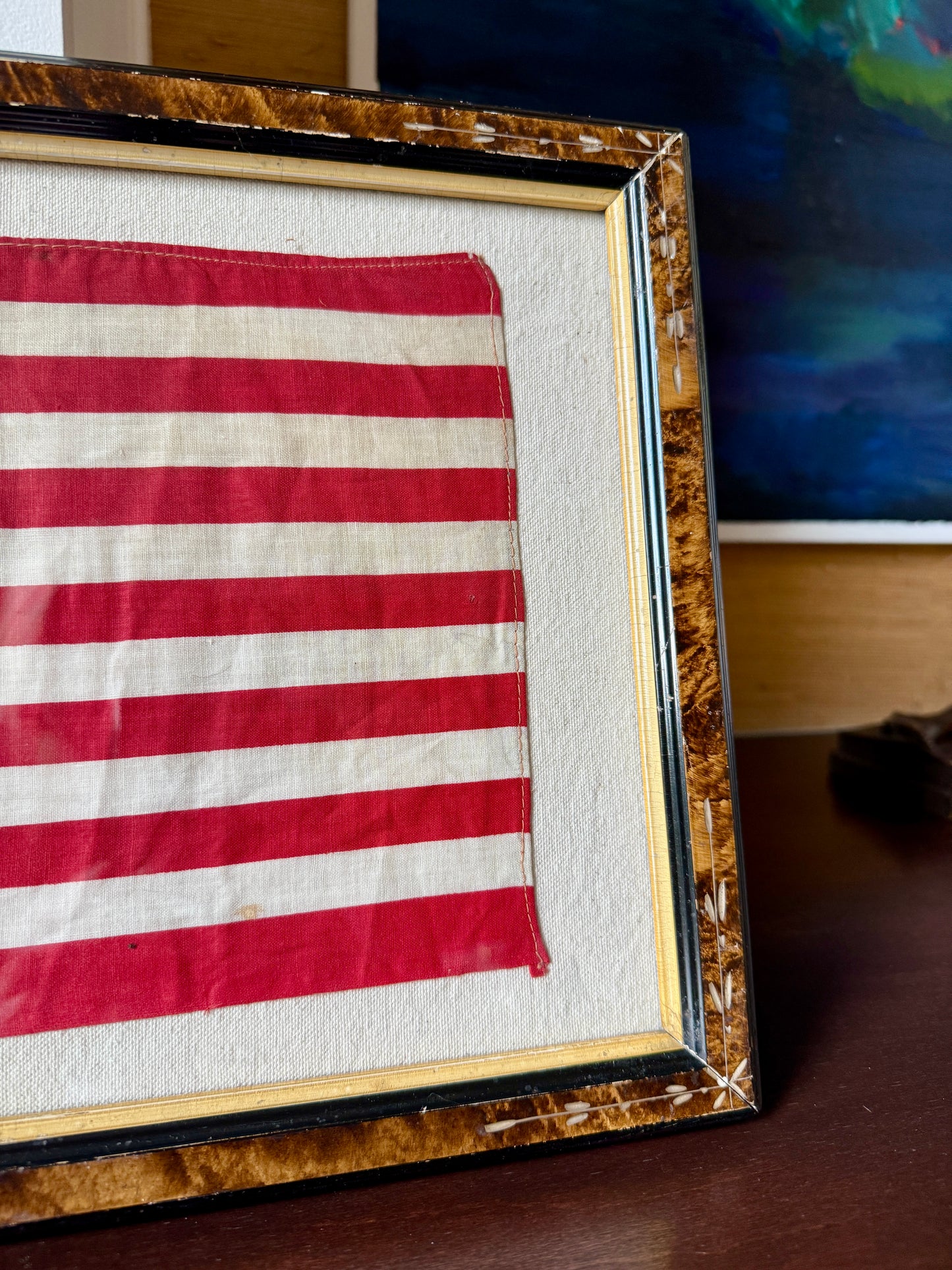Vintage 48 Star American Flag on Duck Cloth in 19th Century Floral Carved Wood Frame