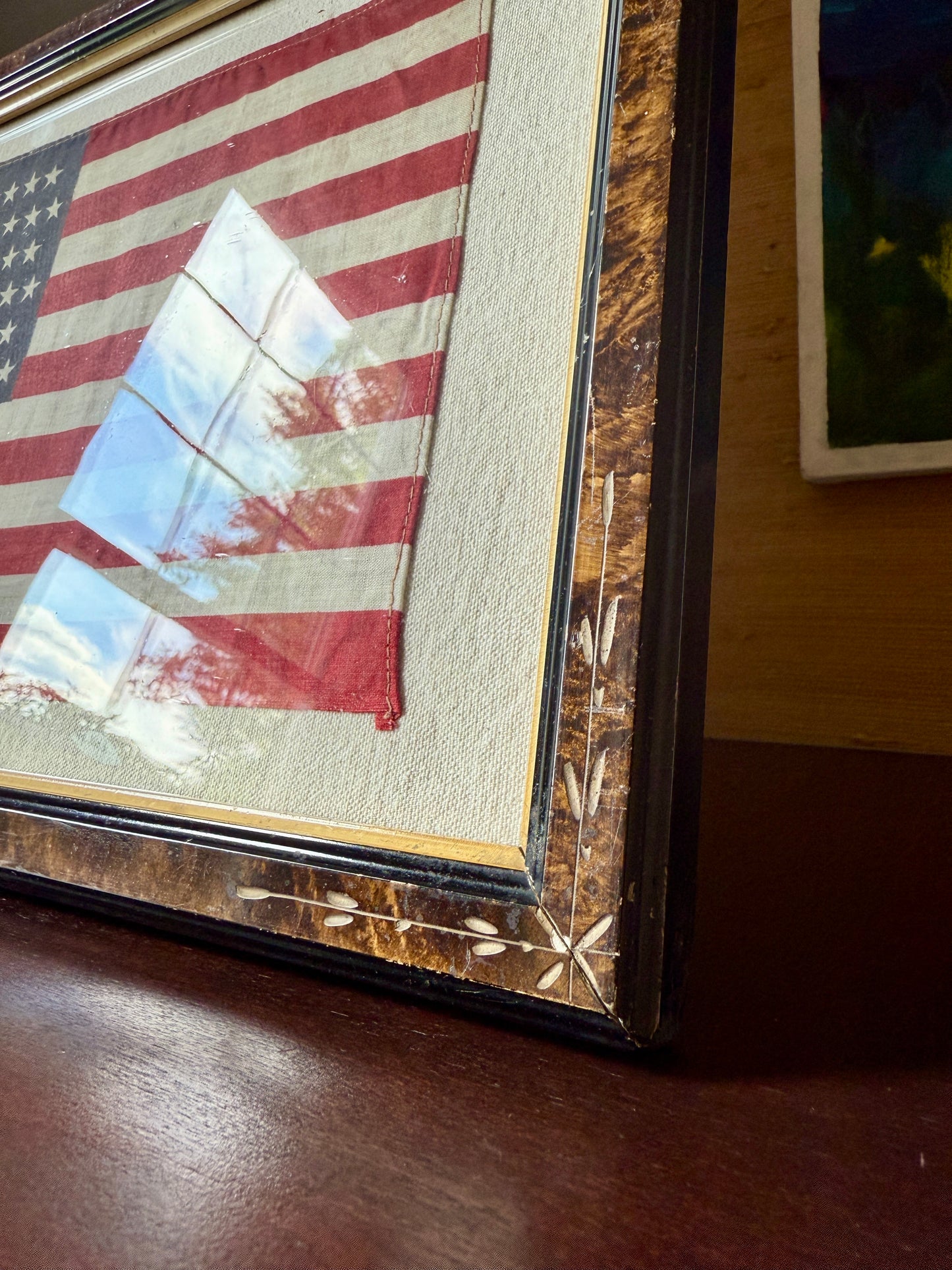 Vintage 48 Star American Flag on Duck Cloth in 19th Century Floral Carved Wood Frame