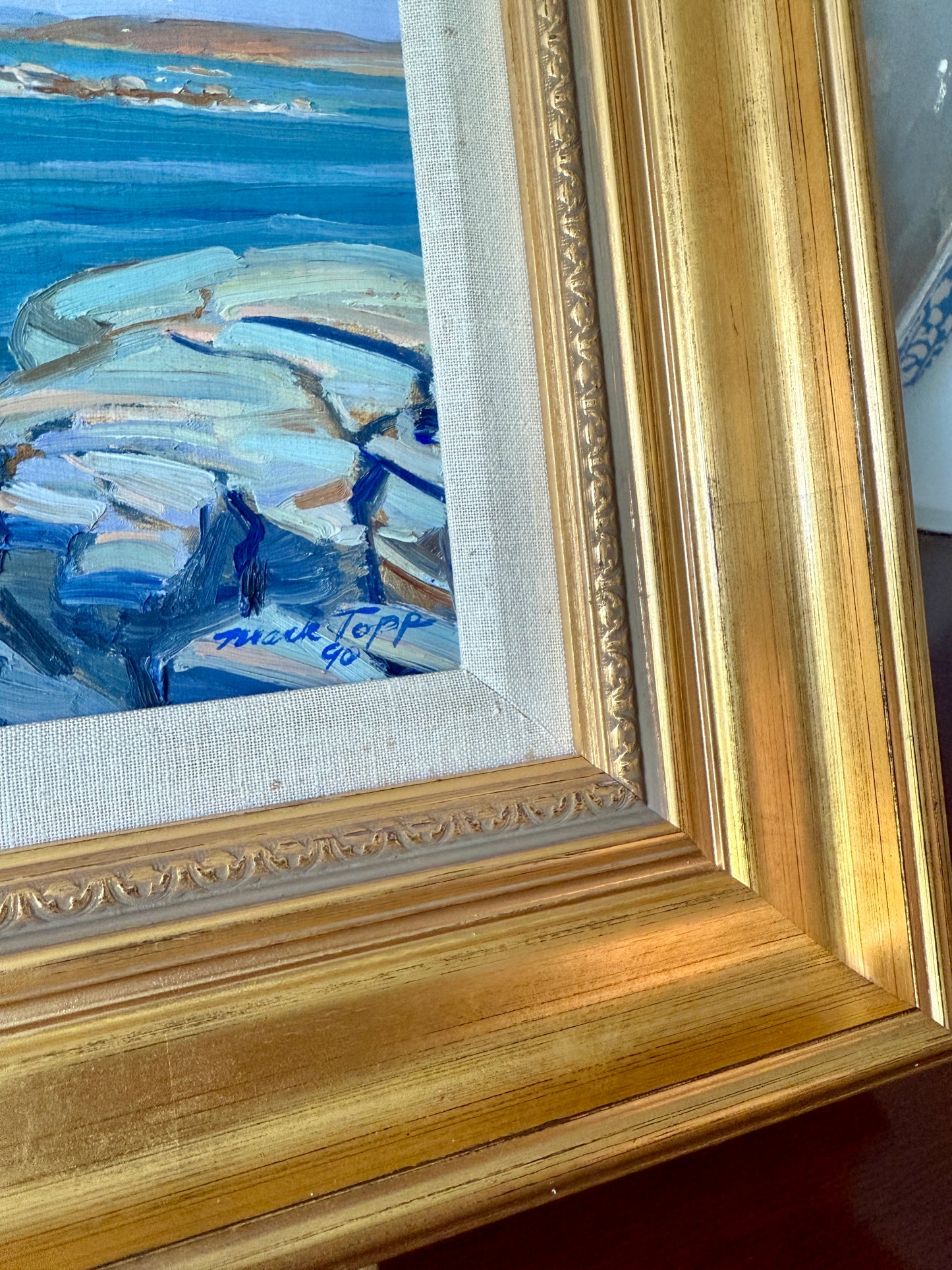 Mark Topp Sachuest Point Rhode Island Seascape Oil Painting in Gold Frame