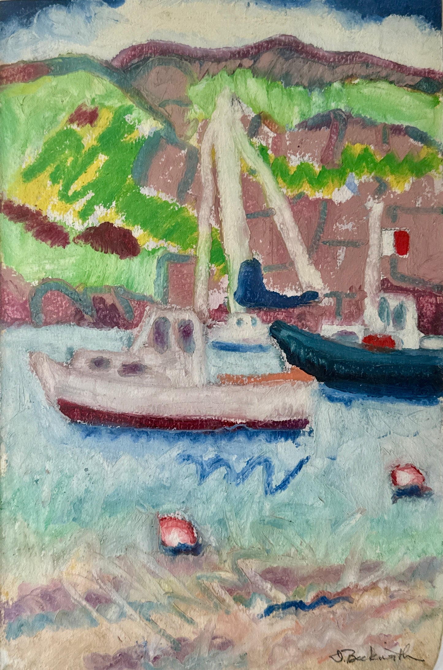 Deborah Beckwith Winship Monhegan Harbor Maine Abstracted Seascape with Sailboat Oil in Gold Frame