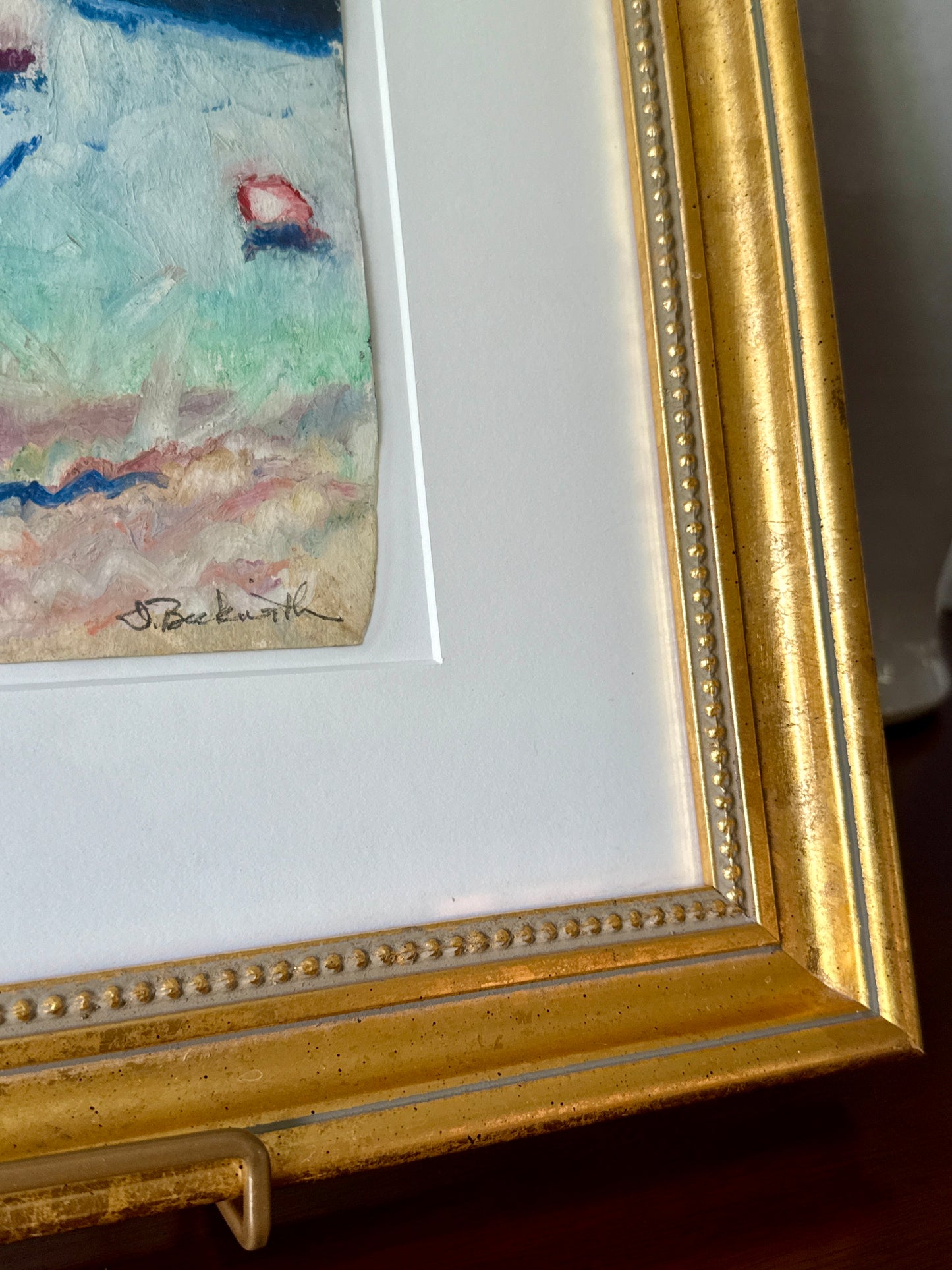 Deborah Beckwith Winship Monhegan Harbor Maine Abstracted Seascape with Sailboat Oil in Gold Frame
