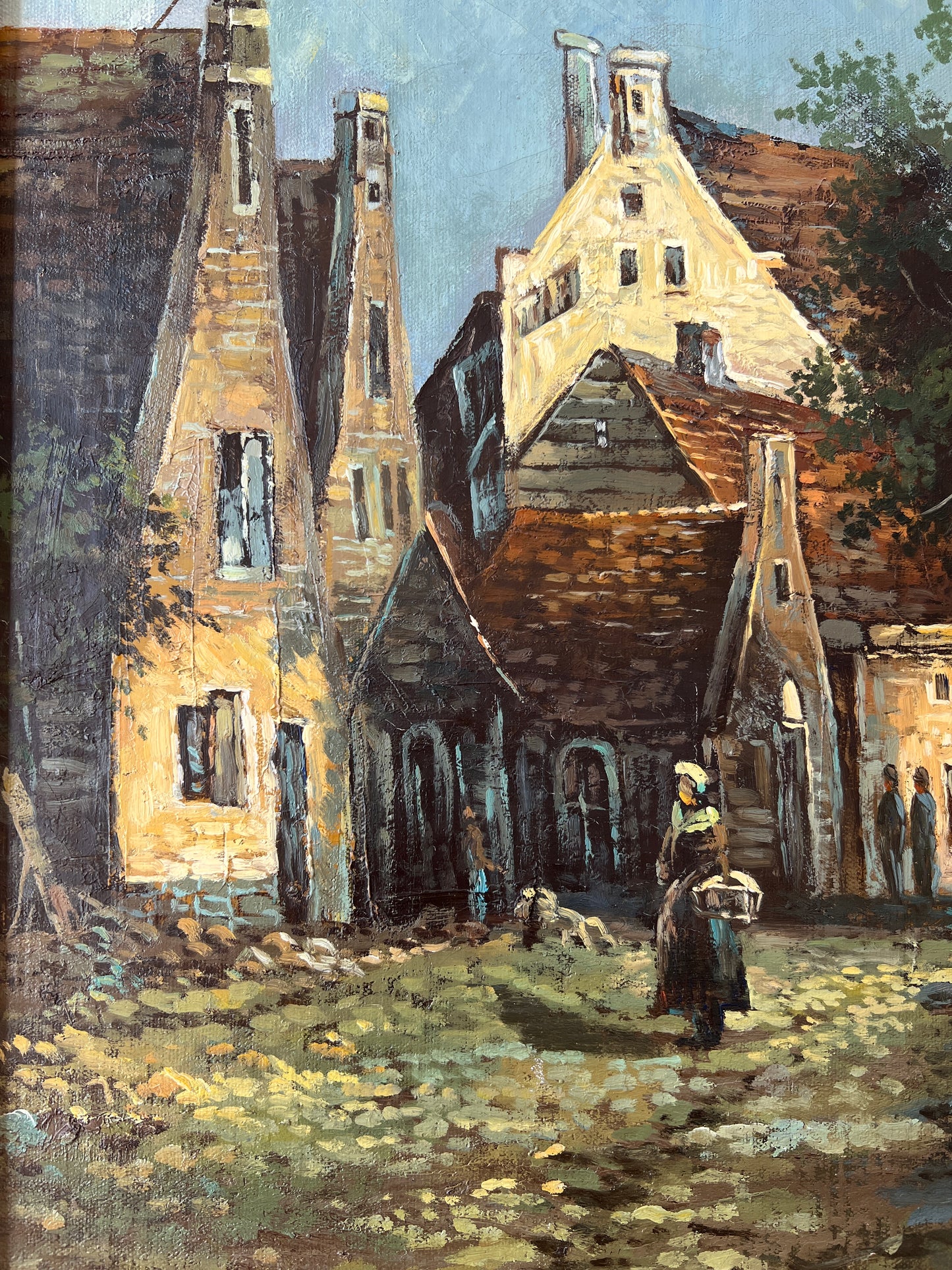 Antique European Town Cityscape Oil Painting