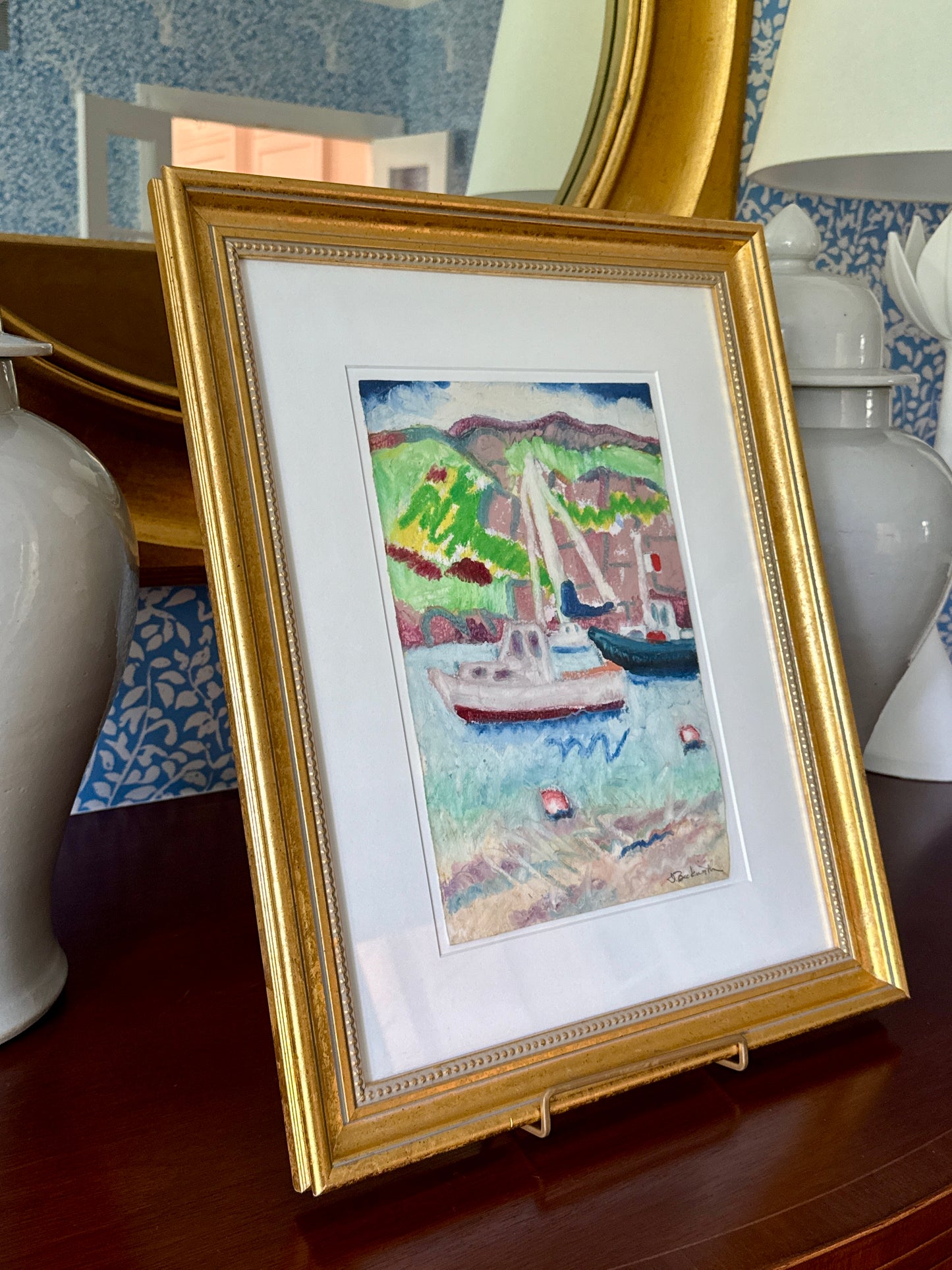 Deborah Beckwith Winship Monhegan Harbor Maine Abstracted Seascape with Sailboat Oil in Gold Frame
