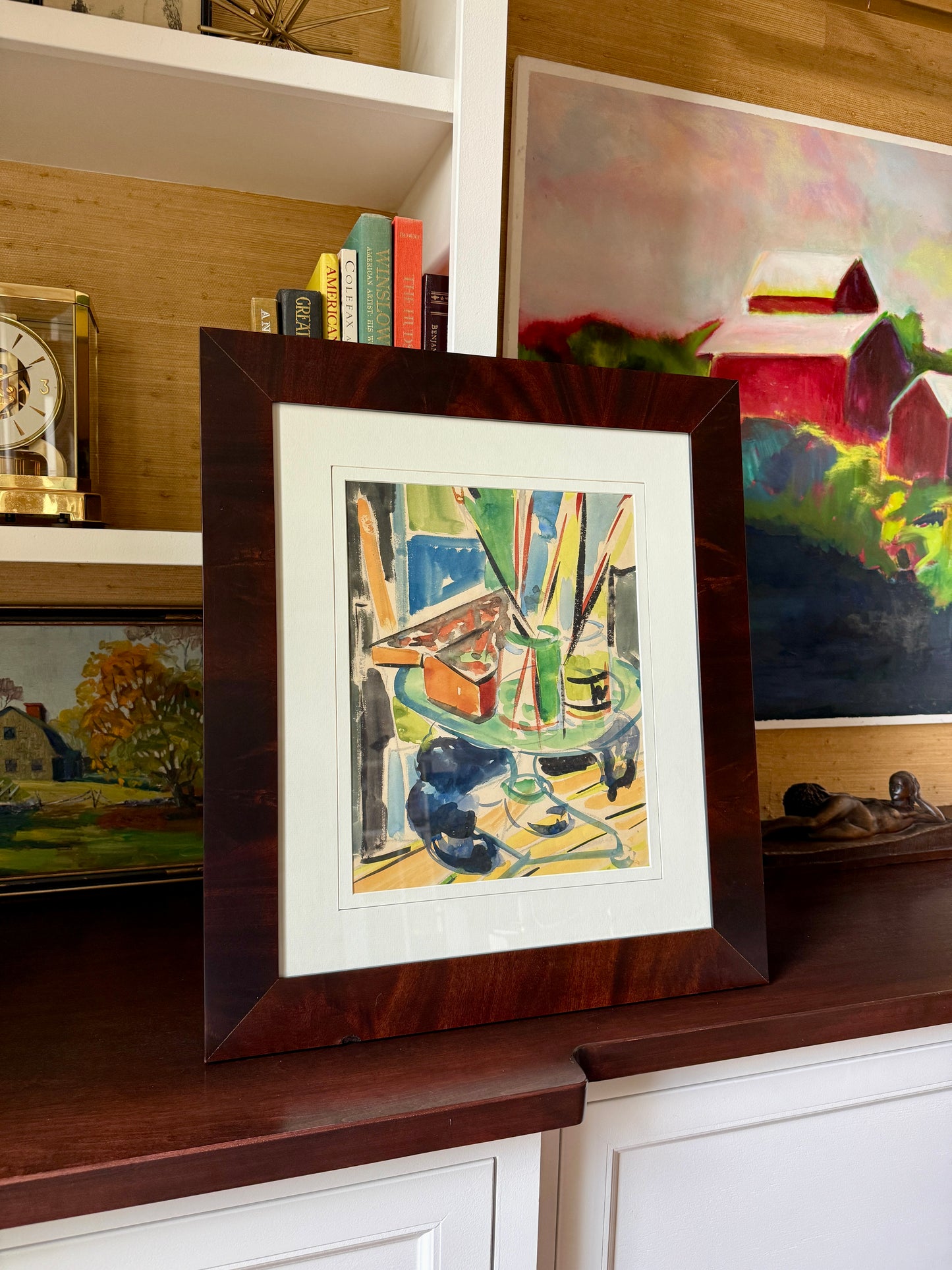 Richard Derby Tucker Abstract Colorful Still Life Watercolor Painting in Wood Frame