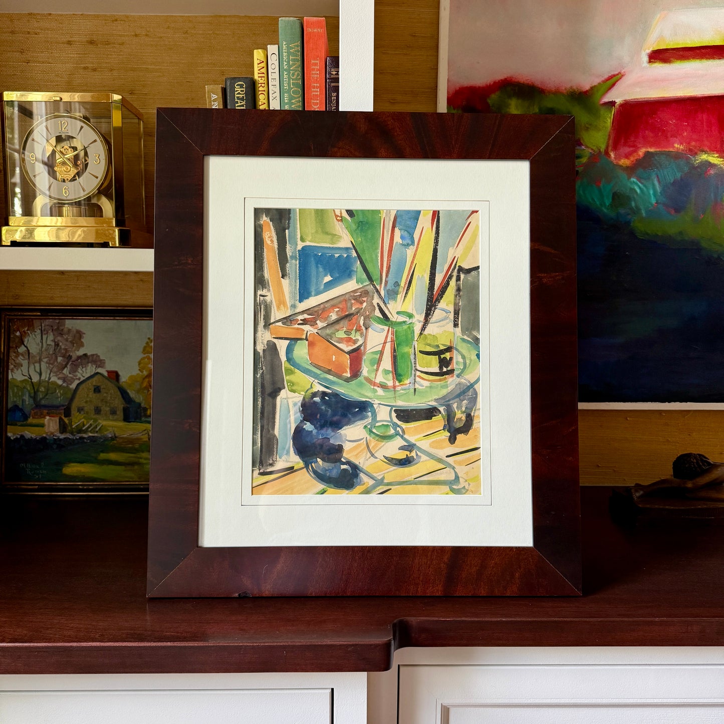 Richard Derby Tucker Abstract Colorful Still Life Watercolor Painting in Wood Frame