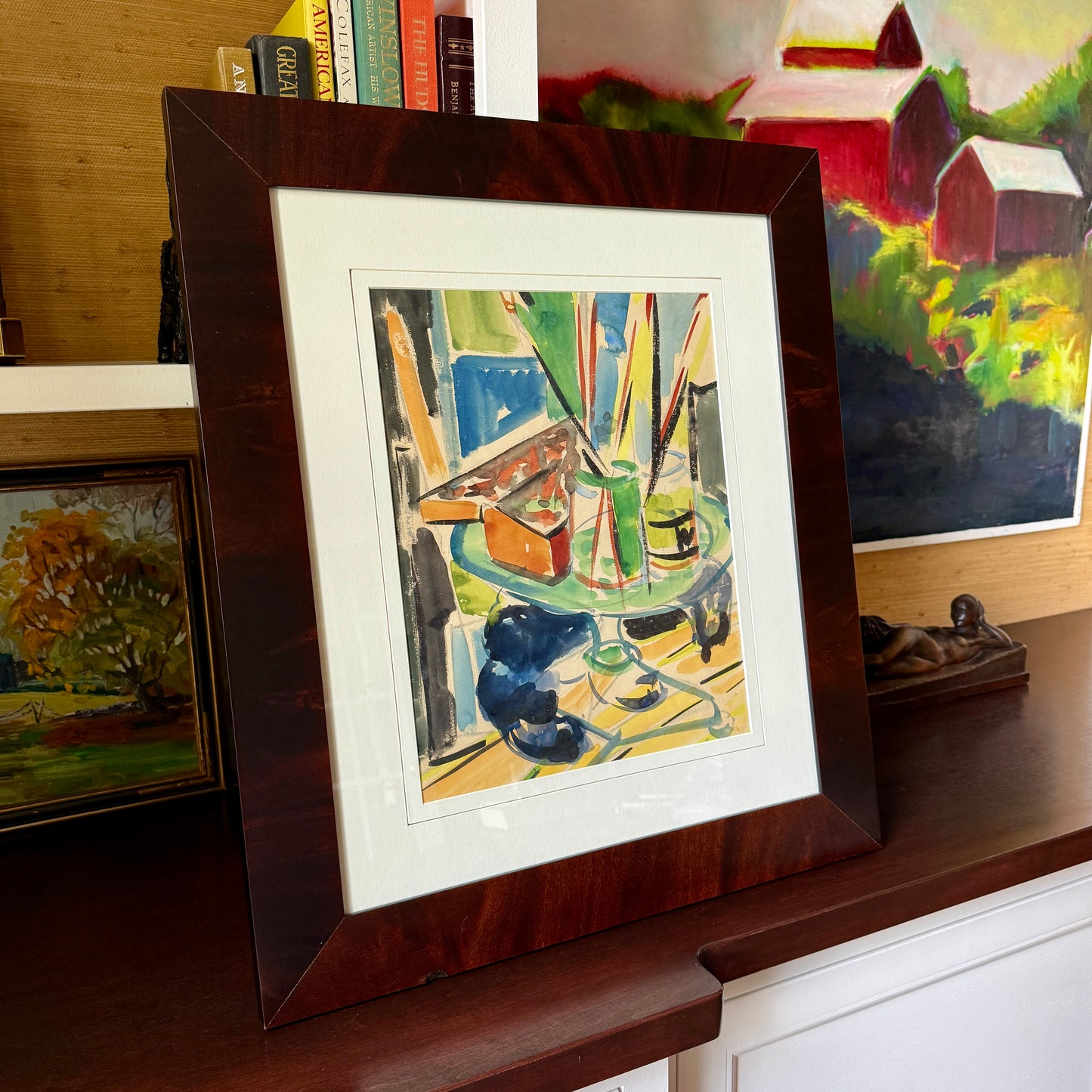 Richard Derby Tucker Abstract Colorful Still Life Watercolor Painting in Wood Frame