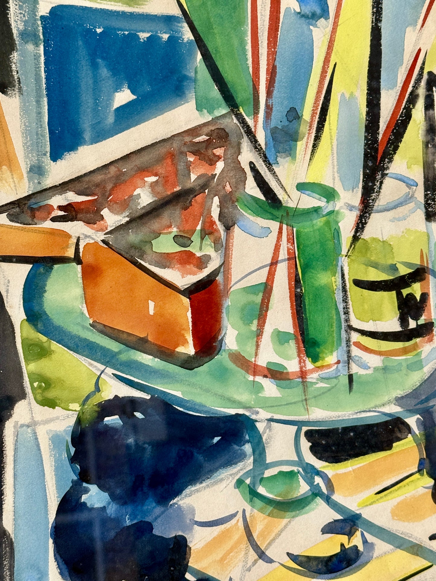 Richard Derby Tucker Abstract Colorful Still Life Watercolor Painting in Wood Frame