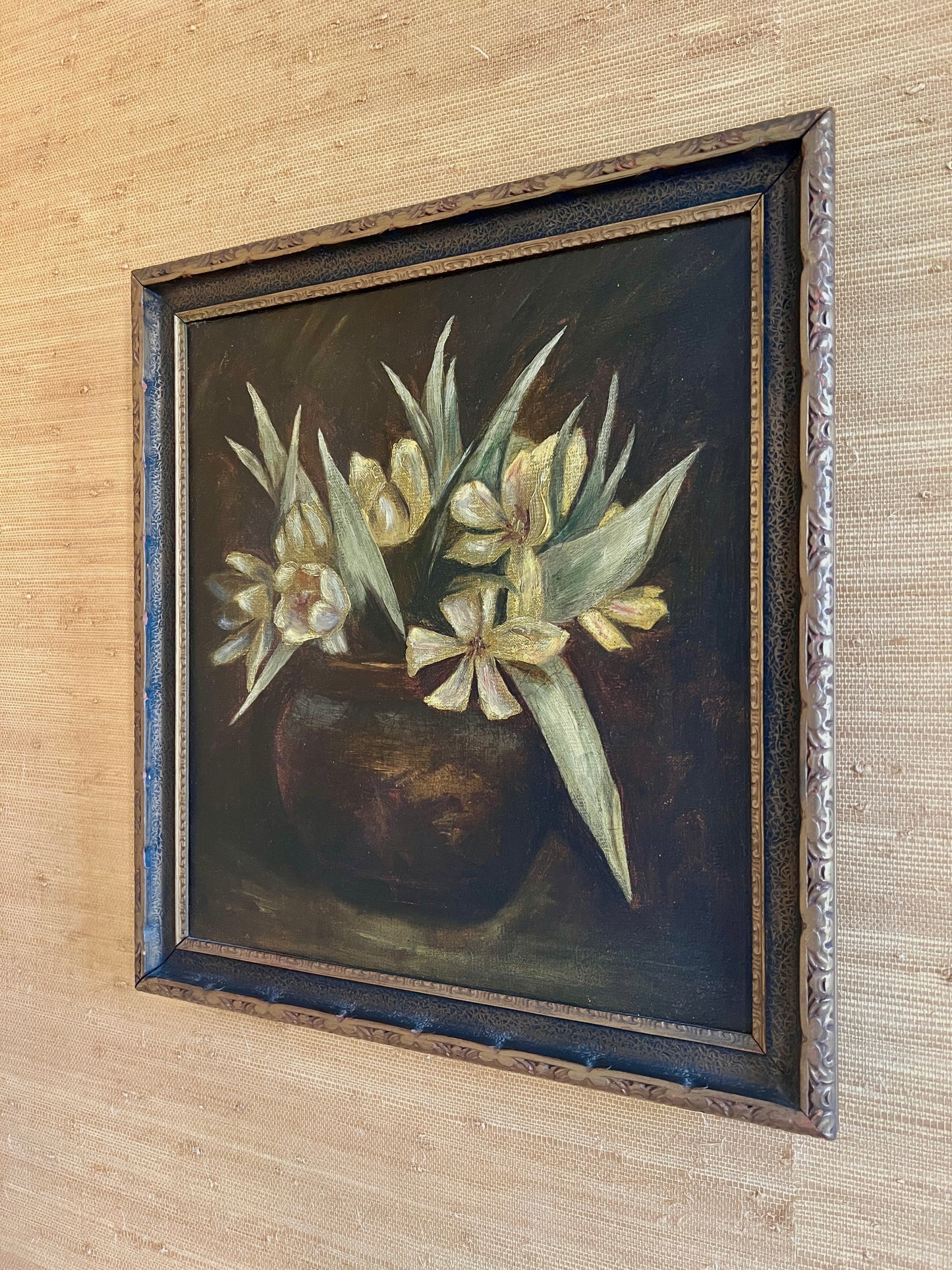 Antique Yellow Tulips in Stoneware Vase Dark Still Life Painting in Carved Frame