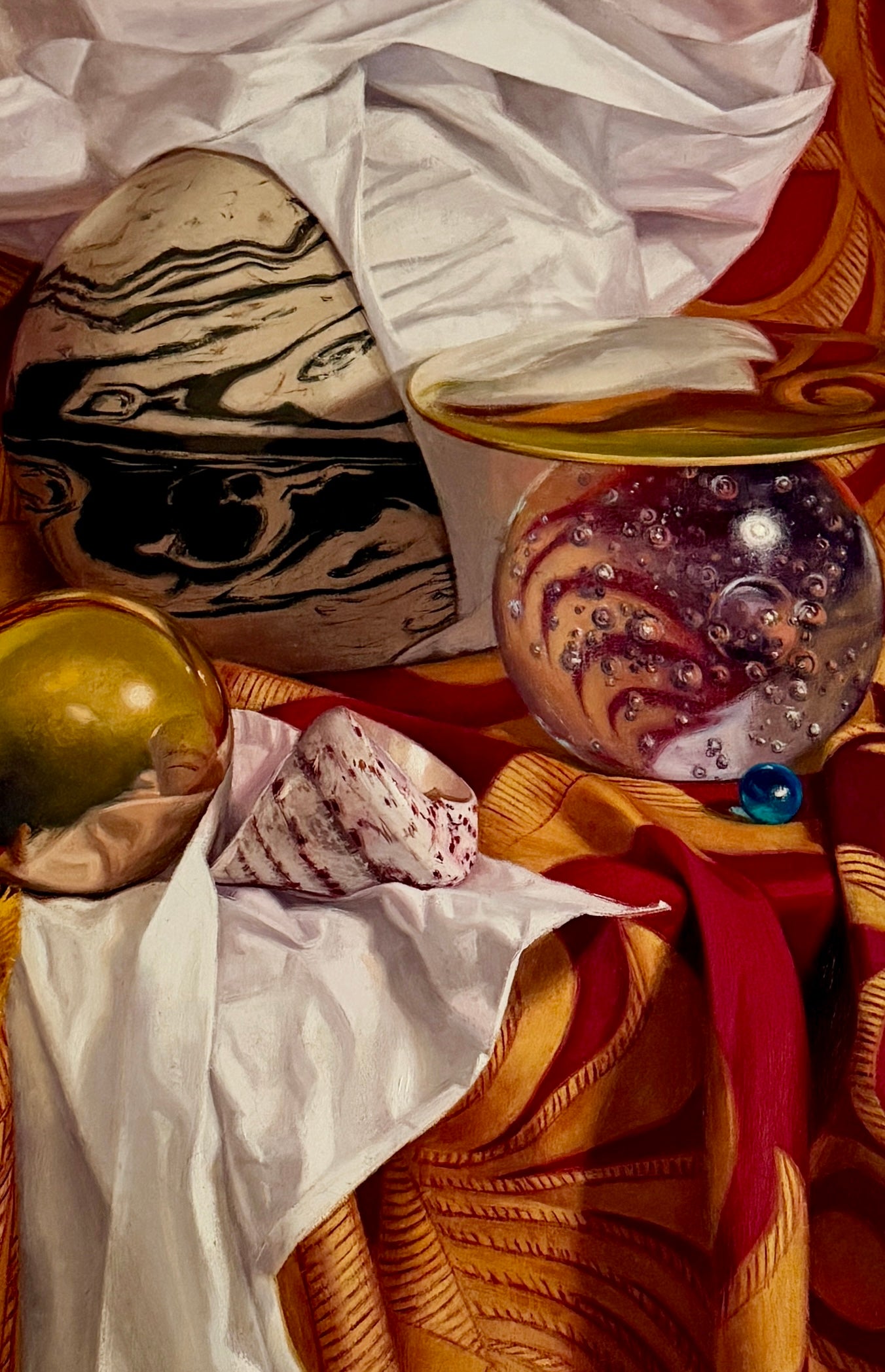 Judith Goldsmith The Planets Conch Shell Silk Scarf Hyper-Realist Still Life Oil Painting in Gold Frame