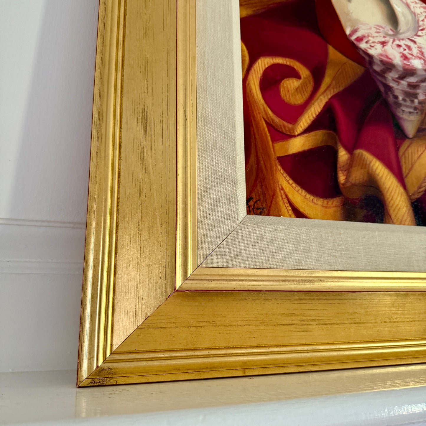 Judith Goldsmith Overture Conch Shell Silk Scarf Hyper-Realist Still Life Oil Painting in Gold Frame