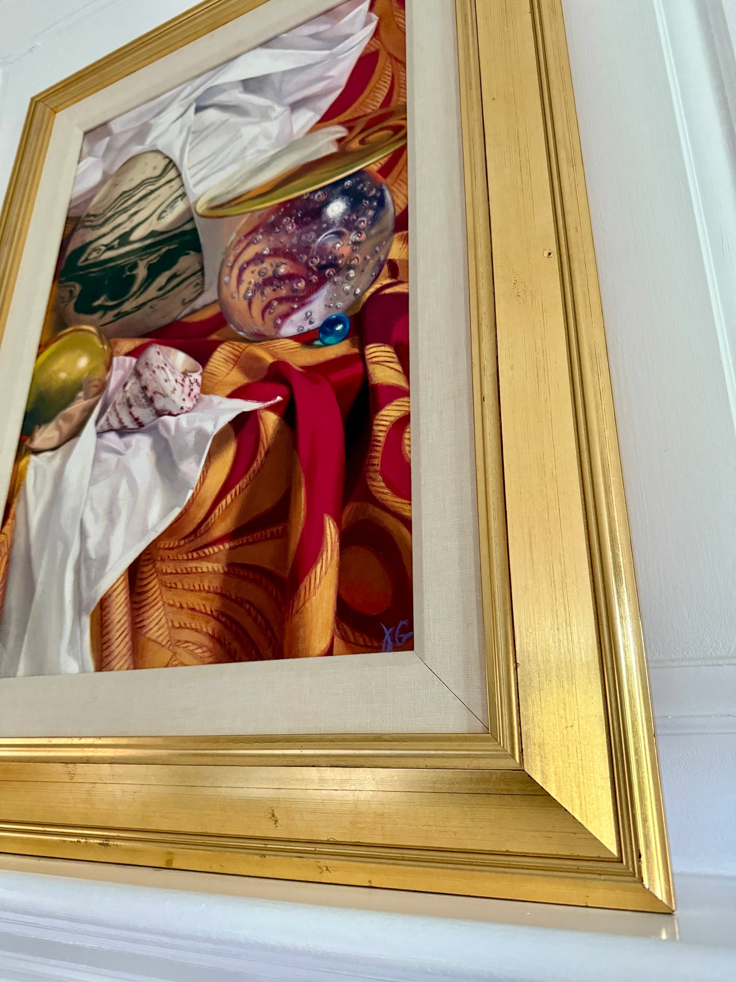 Judith Goldsmith The Planets Conch Shell Silk Scarf Hyper-Realist Still Life Oil Painting in Gold Frame
