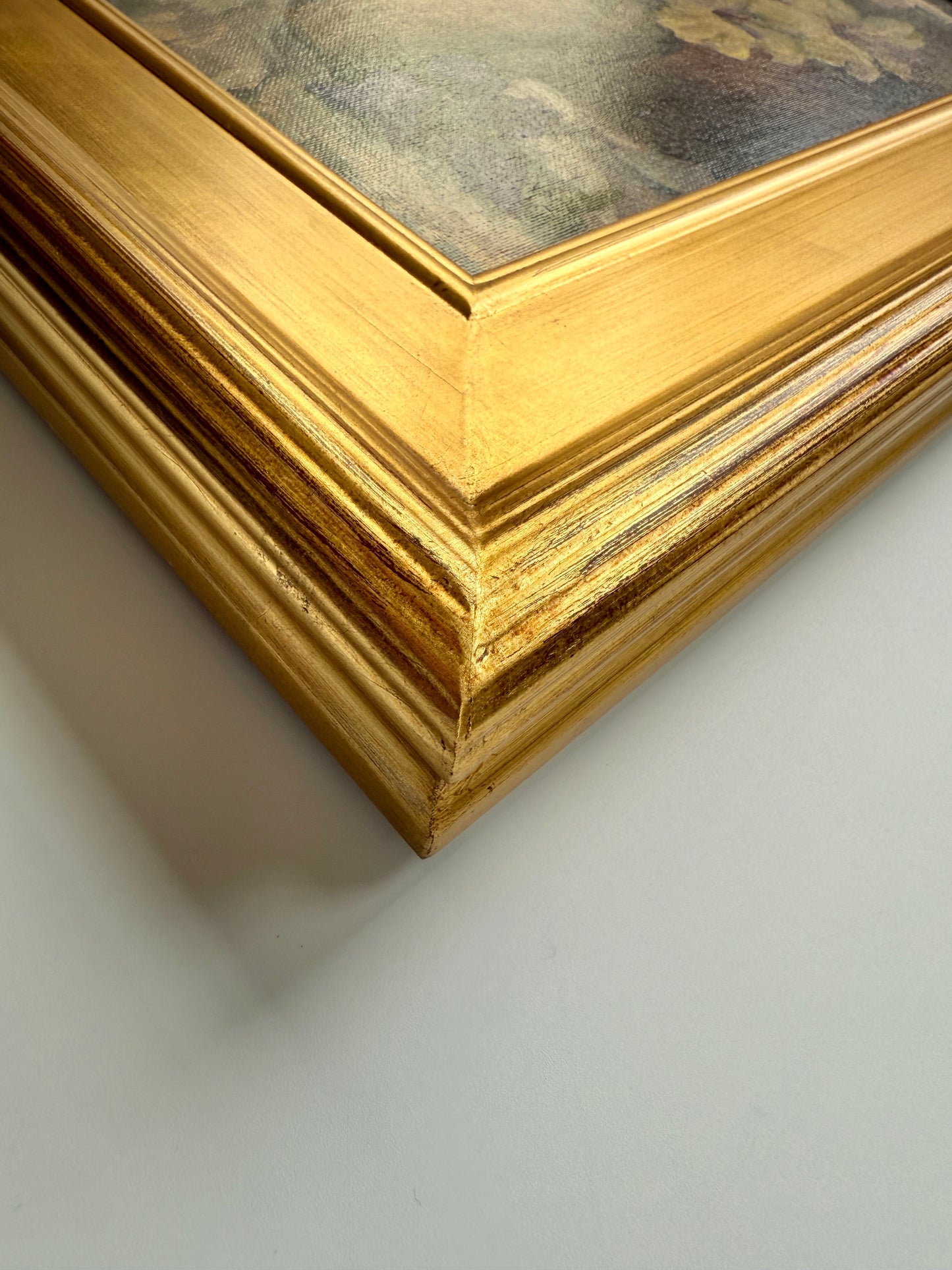 Sandra Leinonen Dunn Still Life of Irises and Fruit Contemporary Oil Painting in Gold Frame