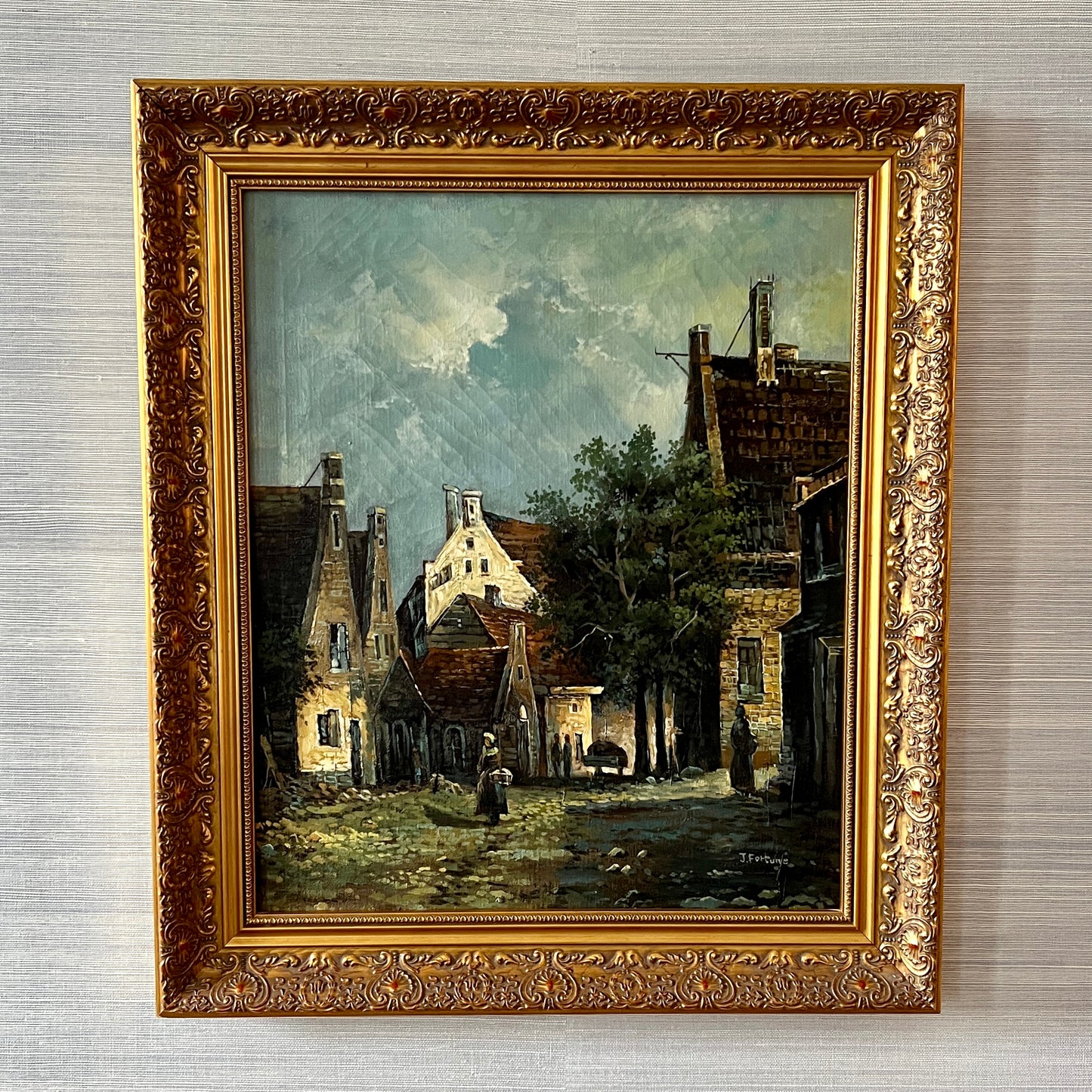 Antique European Town Cityscape Oil Painting