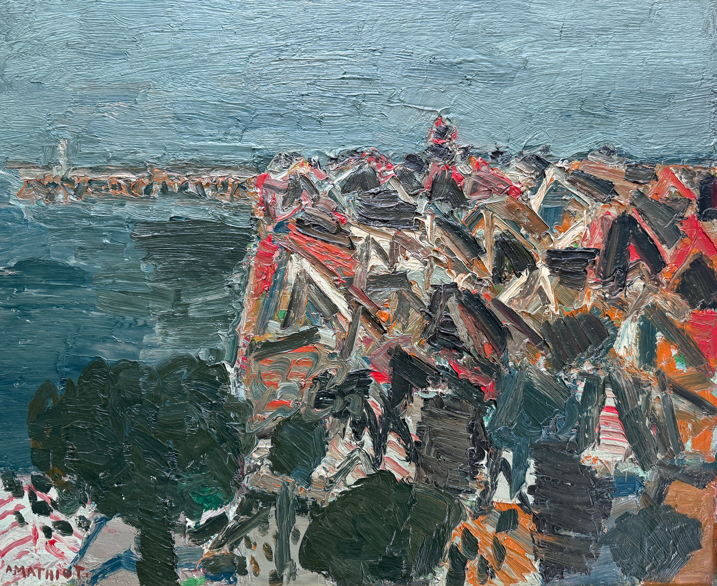 1969 Alain Mathiot Expressionist Coastal Landscape Impasto Oil Painting in Gold Frame