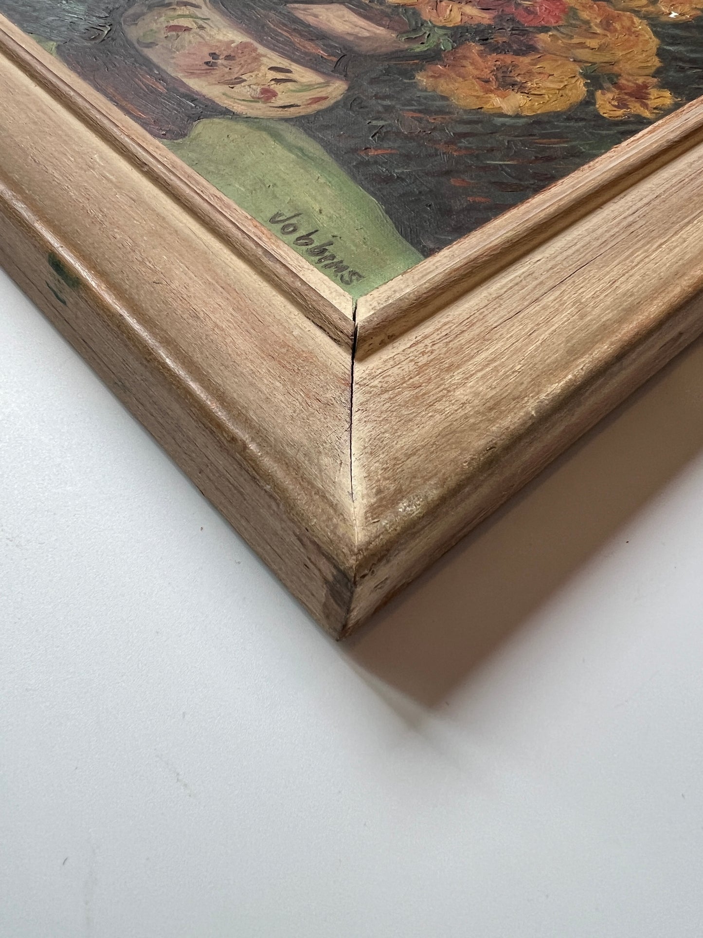 Vintage Caroline Jobbins Warm Floral Still Life in Wood Frame