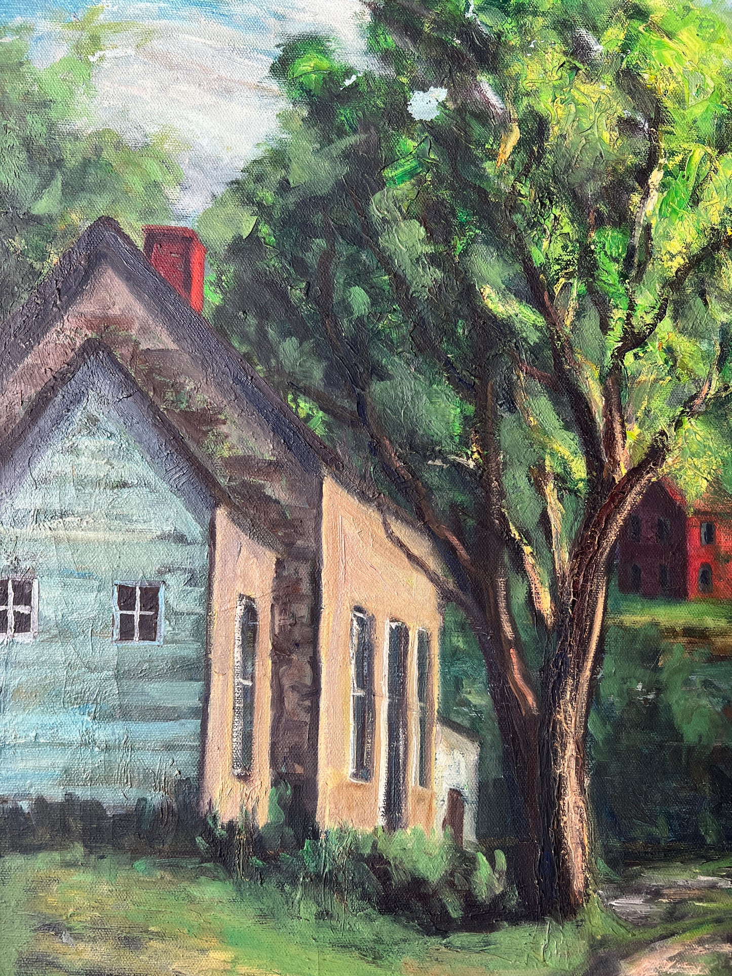 Vintage Caroline Jobbins American Country Landscape Oil Painting in Gold Frame