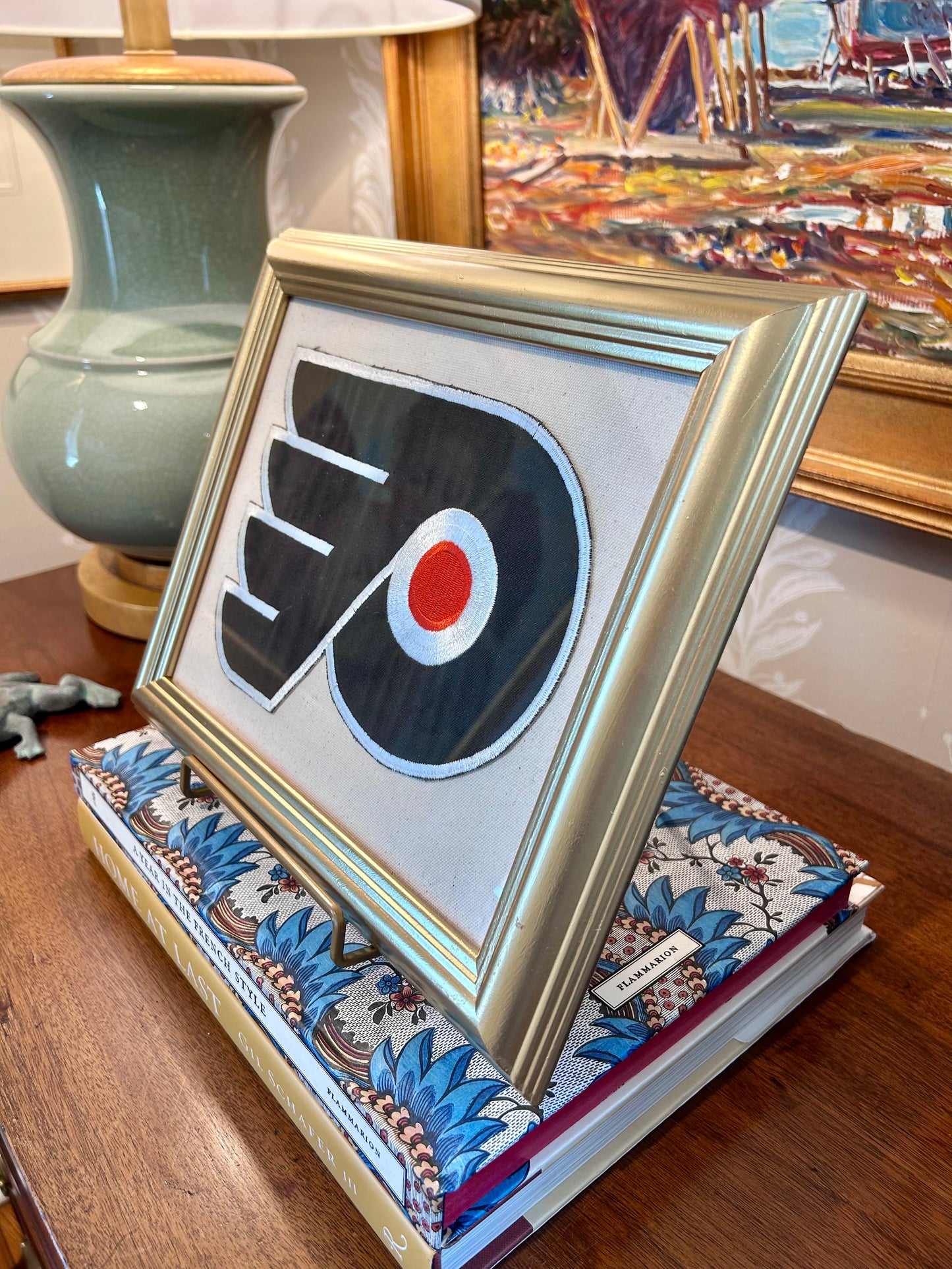 Vintage Philadelphia Flyers Ice Hockey Patch on Ivory Duck Cloth in Gold Frame