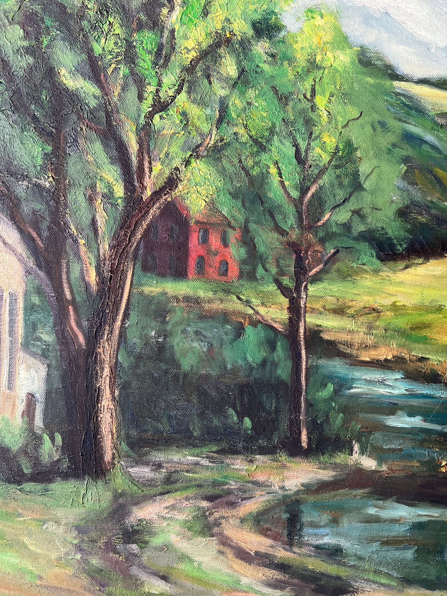 Vintage Caroline Jobbins American Country Landscape Oil Painting in Gold Frame
