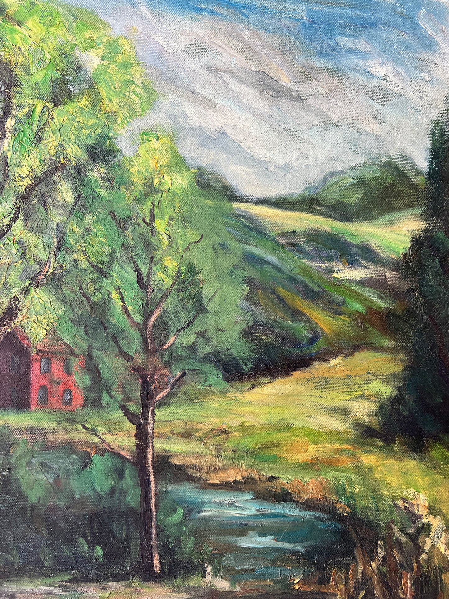 Vintage Caroline Jobbins American Country Landscape Oil Painting in Gold Frame