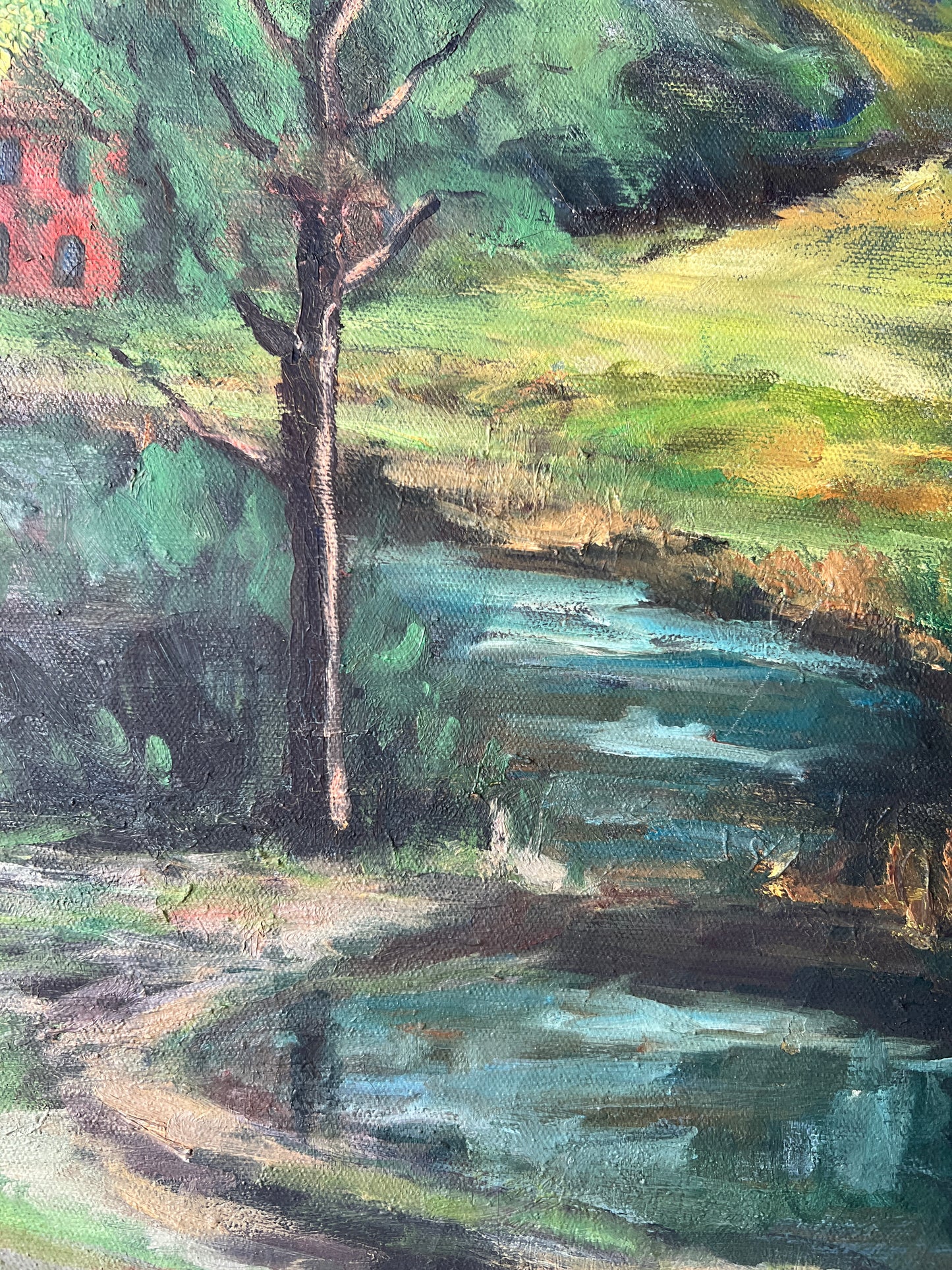 Vintage Caroline Jobbins American Country Landscape Oil Painting in Gold Frame