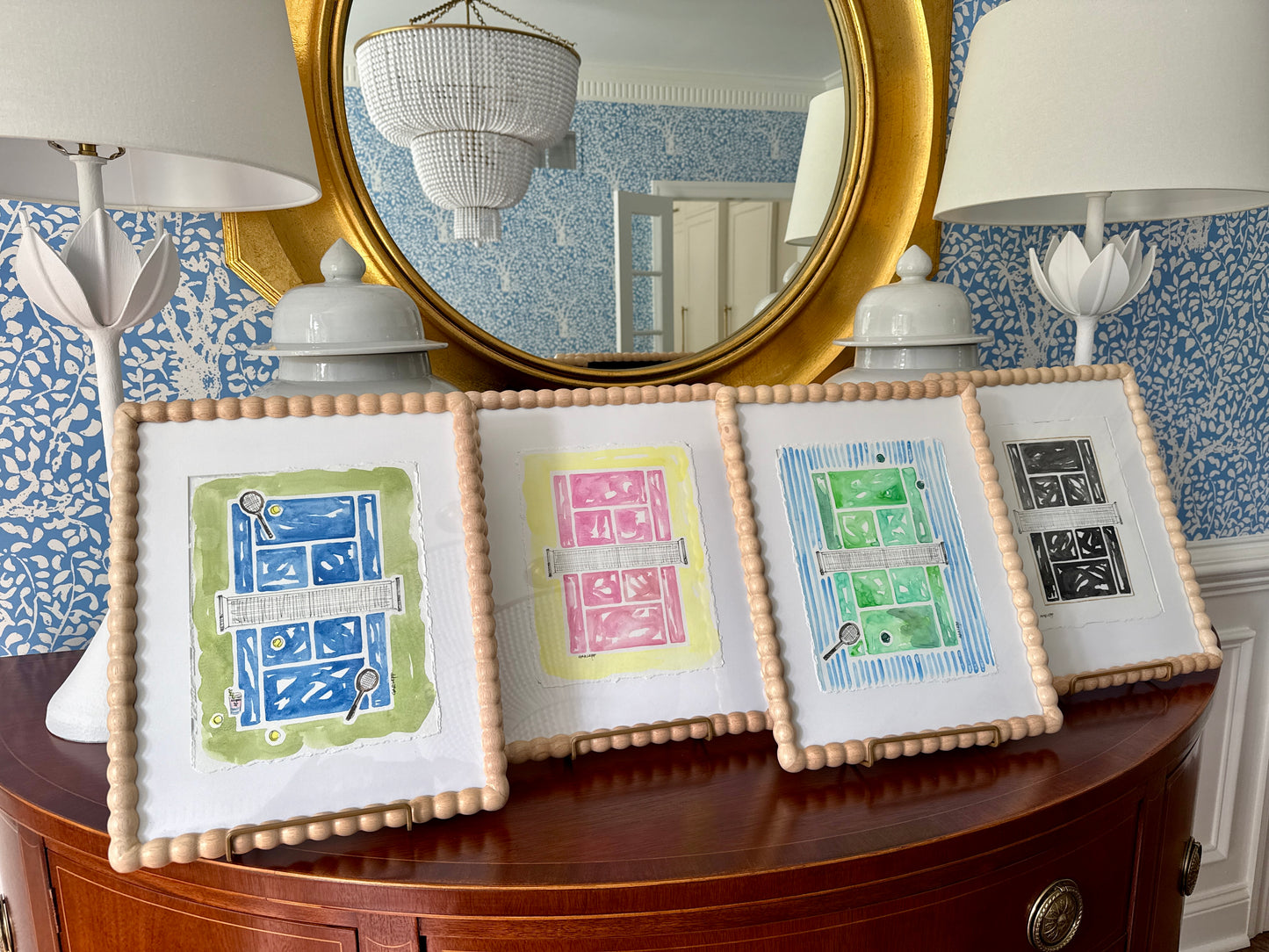 Sharon Garlepp Blue Green Honey Deuce Tennis Time Watercolor Painting in Natural Wood Bobbin Frame