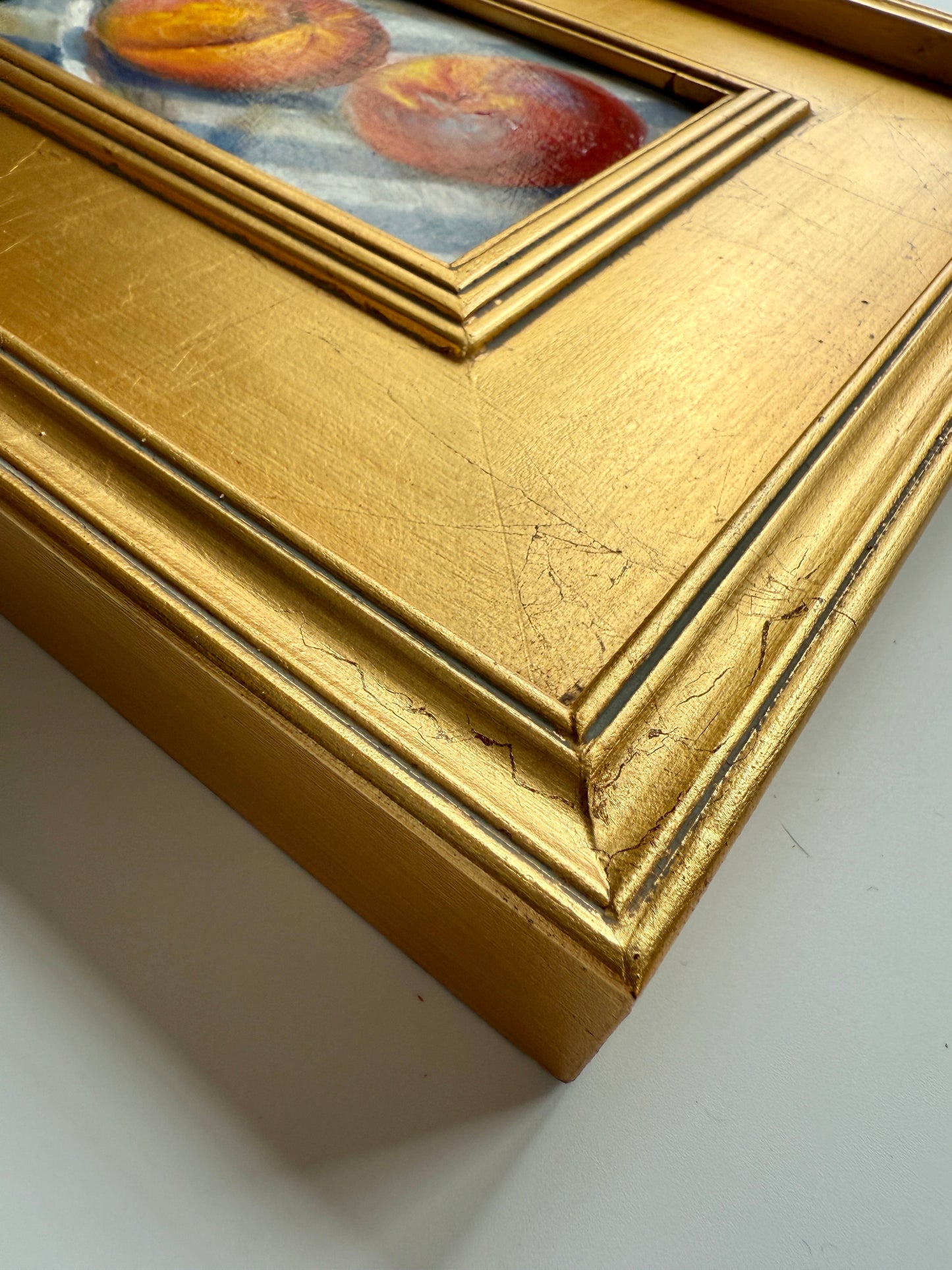 Peaches in Blue and White Towel #2 Still Life Oil Painting in Gold Frame