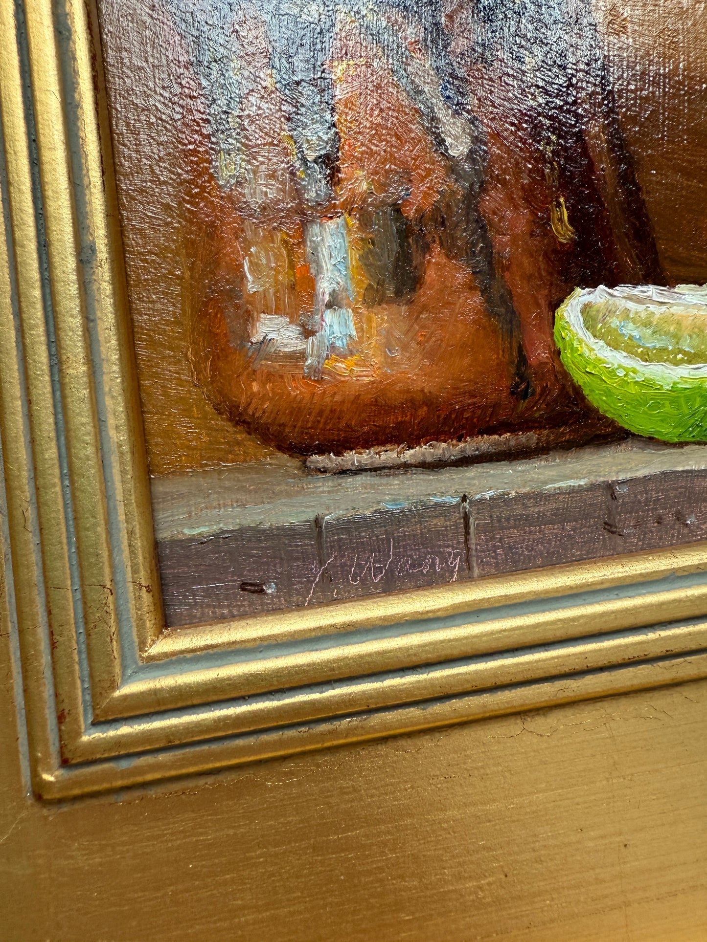 Copper Mug with Limes Still Life Oil Painting in Gold Frame