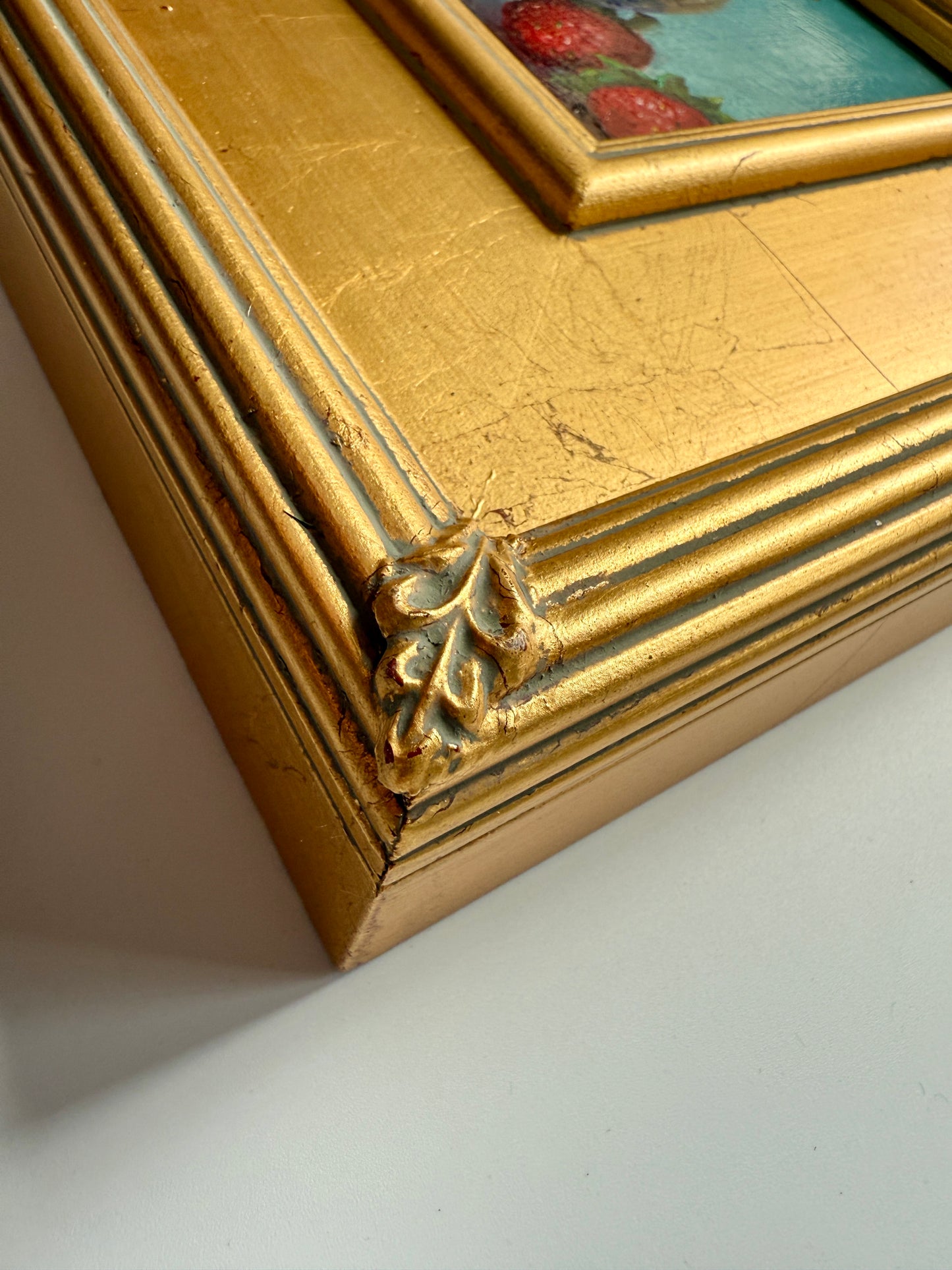 Blue and White Pitcher with Strawberries Still Life Oil Painting in Gold Frame