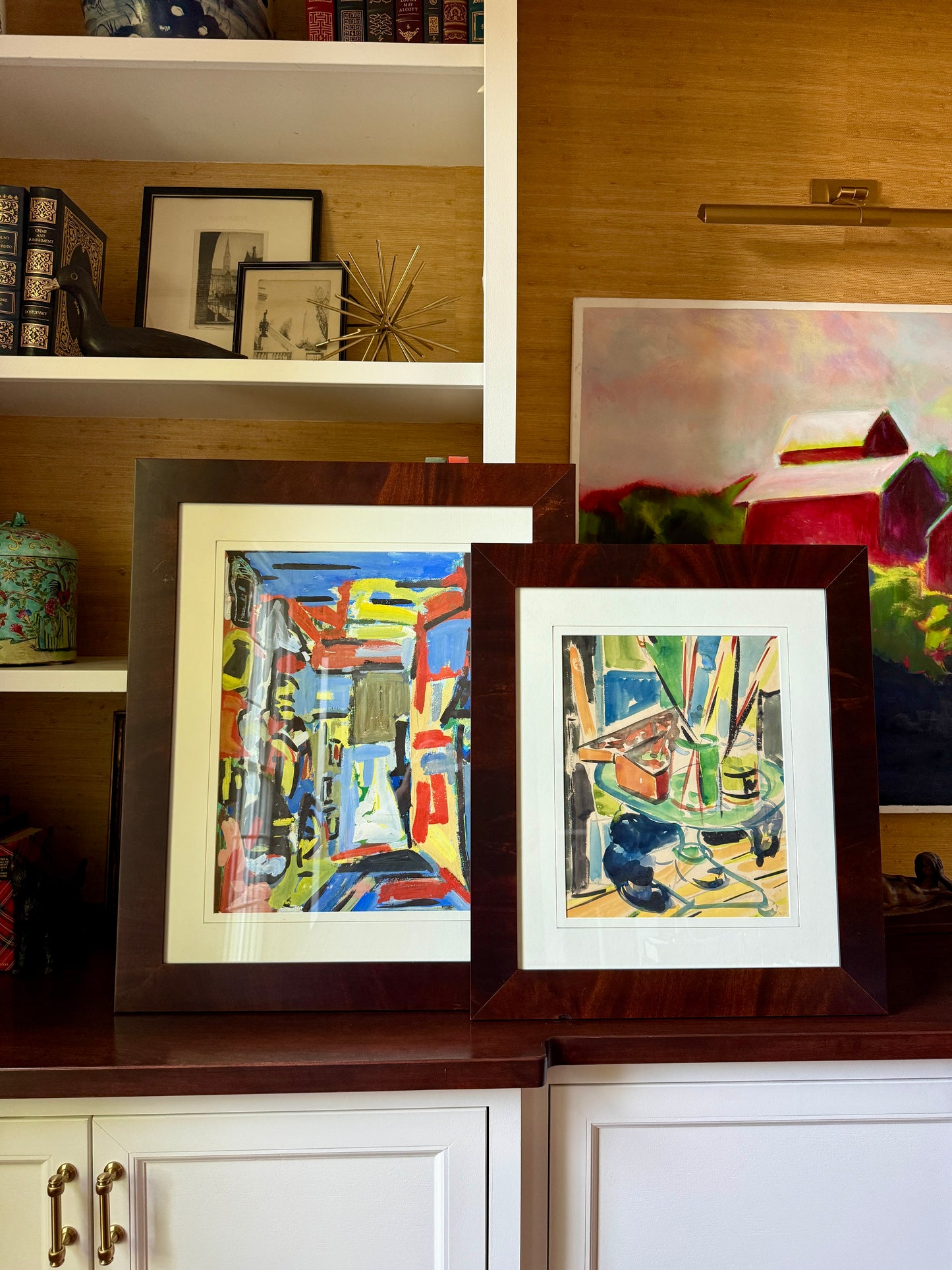 Richard Derby Tucker Abstract Colorful Still Life Watercolor Painting in Wood Frame