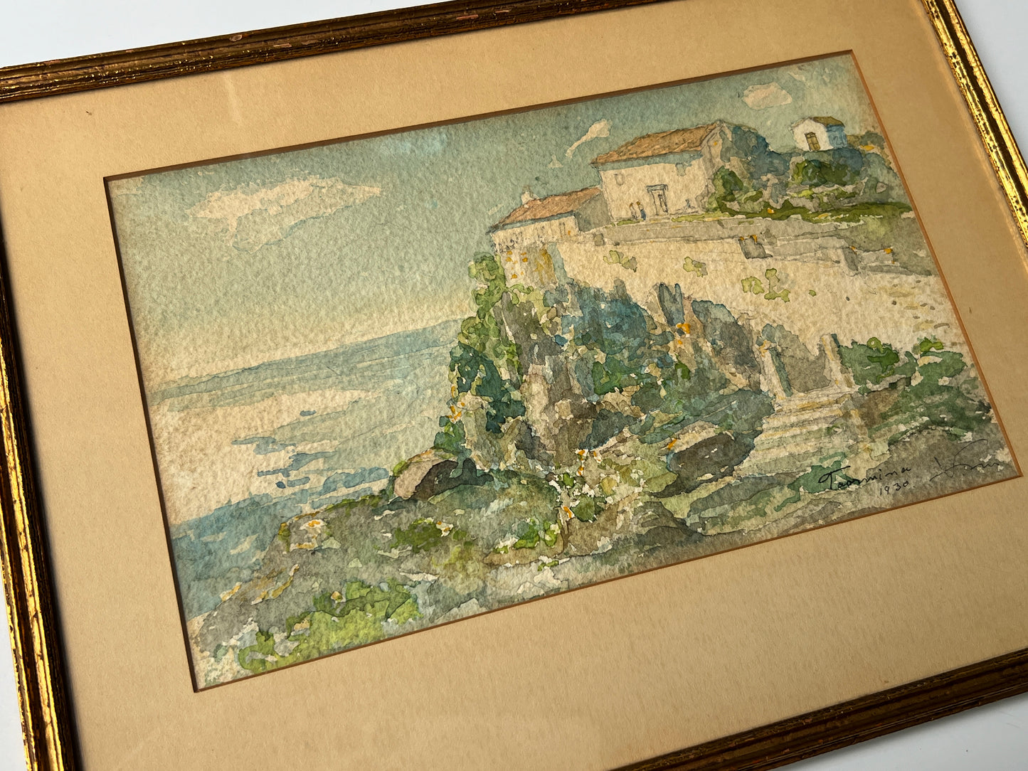1930 Italian Coastal Landscape Watercolor Painting in Gold Frame