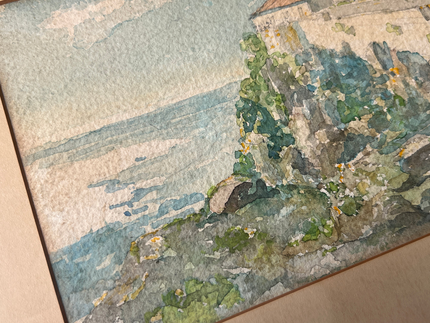 1930 Italian Coastal Landscape Watercolor Painting in Gold Frame