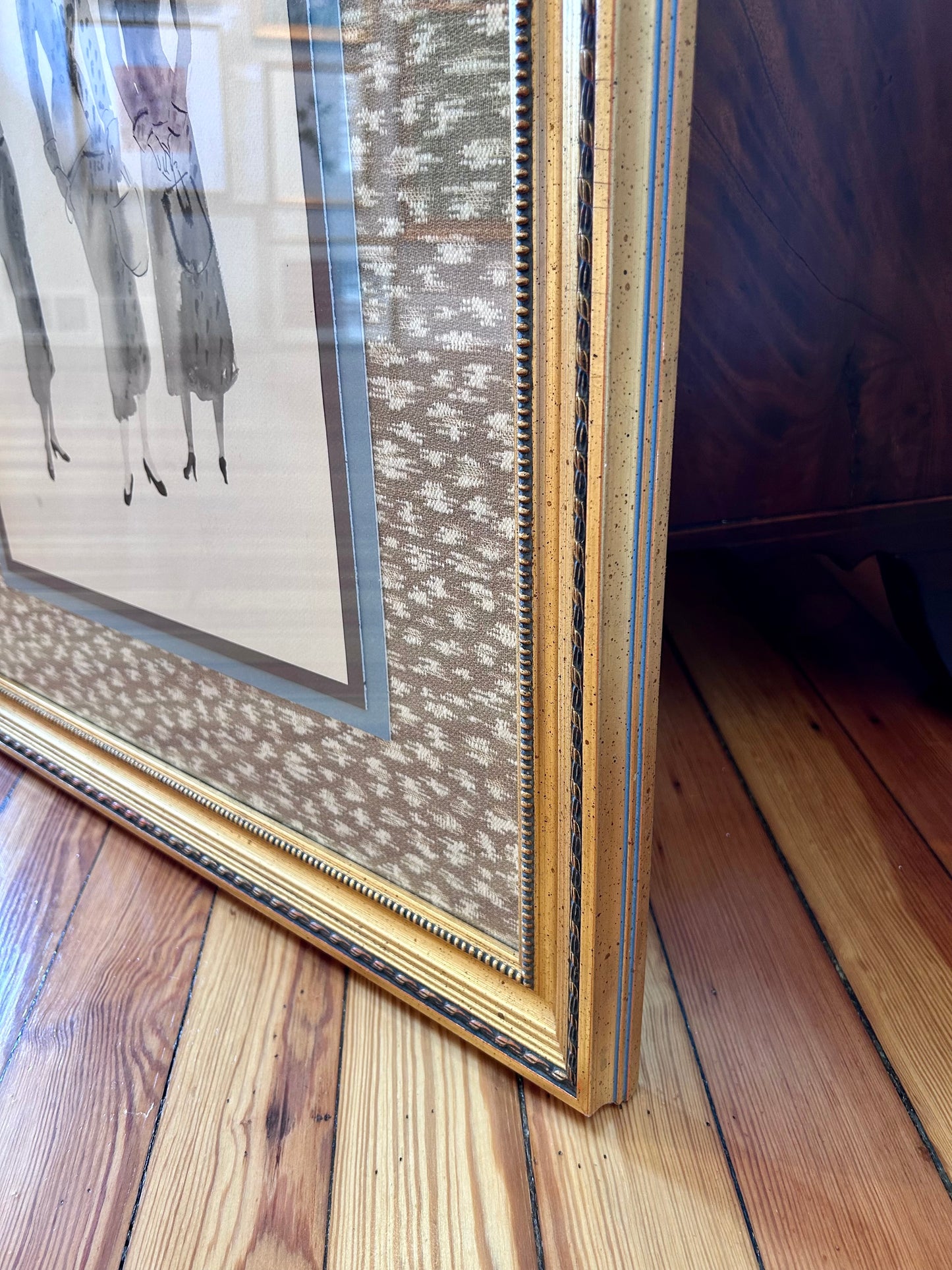 Catherine Figart Vogue Watercolor Fashion Illustration on Vintage Scalamandre in Gold Frame