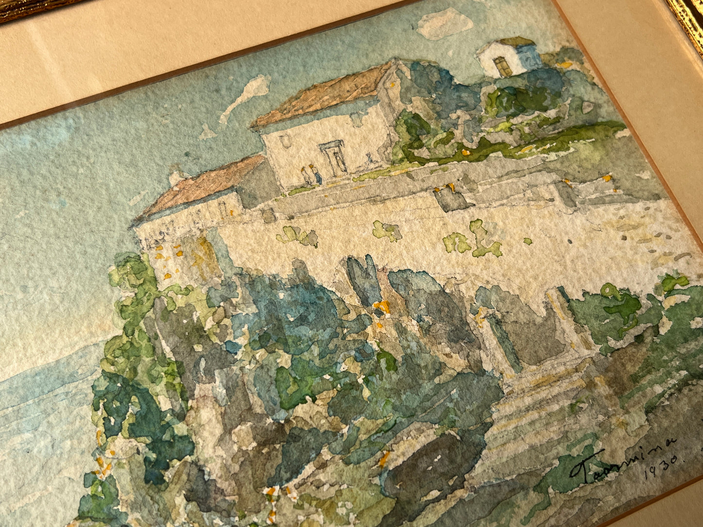 1930 Italian Coastal Landscape Watercolor Painting in Gold Frame