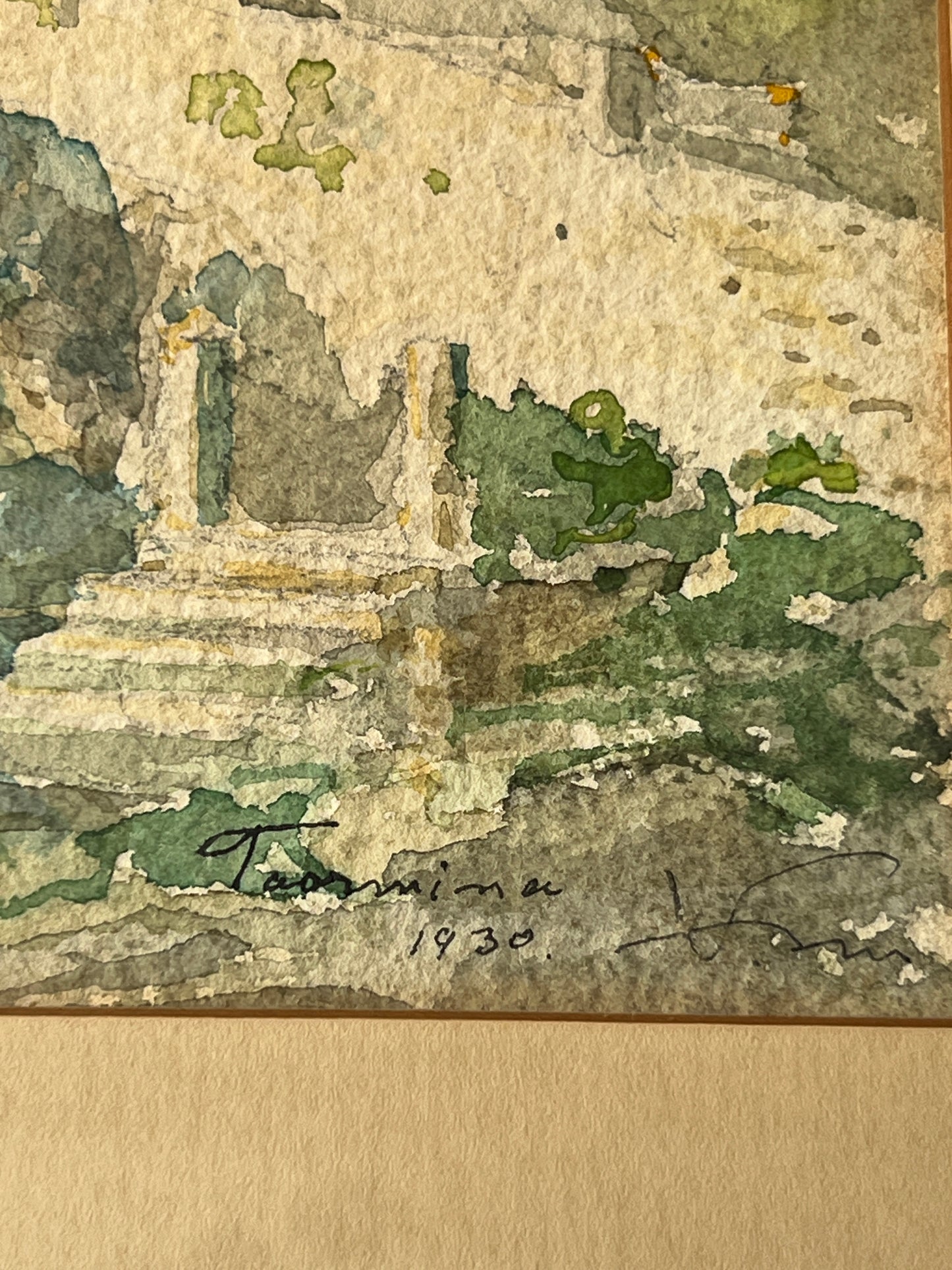 1930 Italian Coastal Landscape Watercolor Painting in Gold Frame
