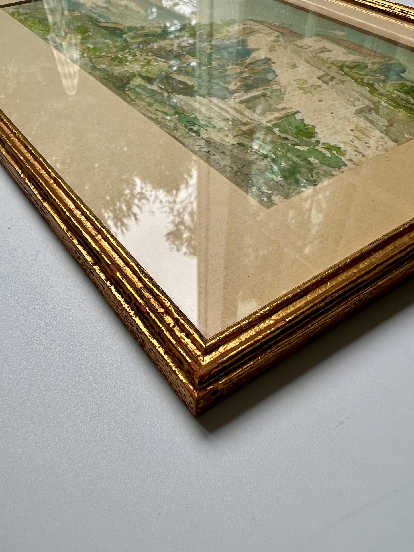 1930 Italian Coastal Landscape Watercolor Painting in Gold Frame