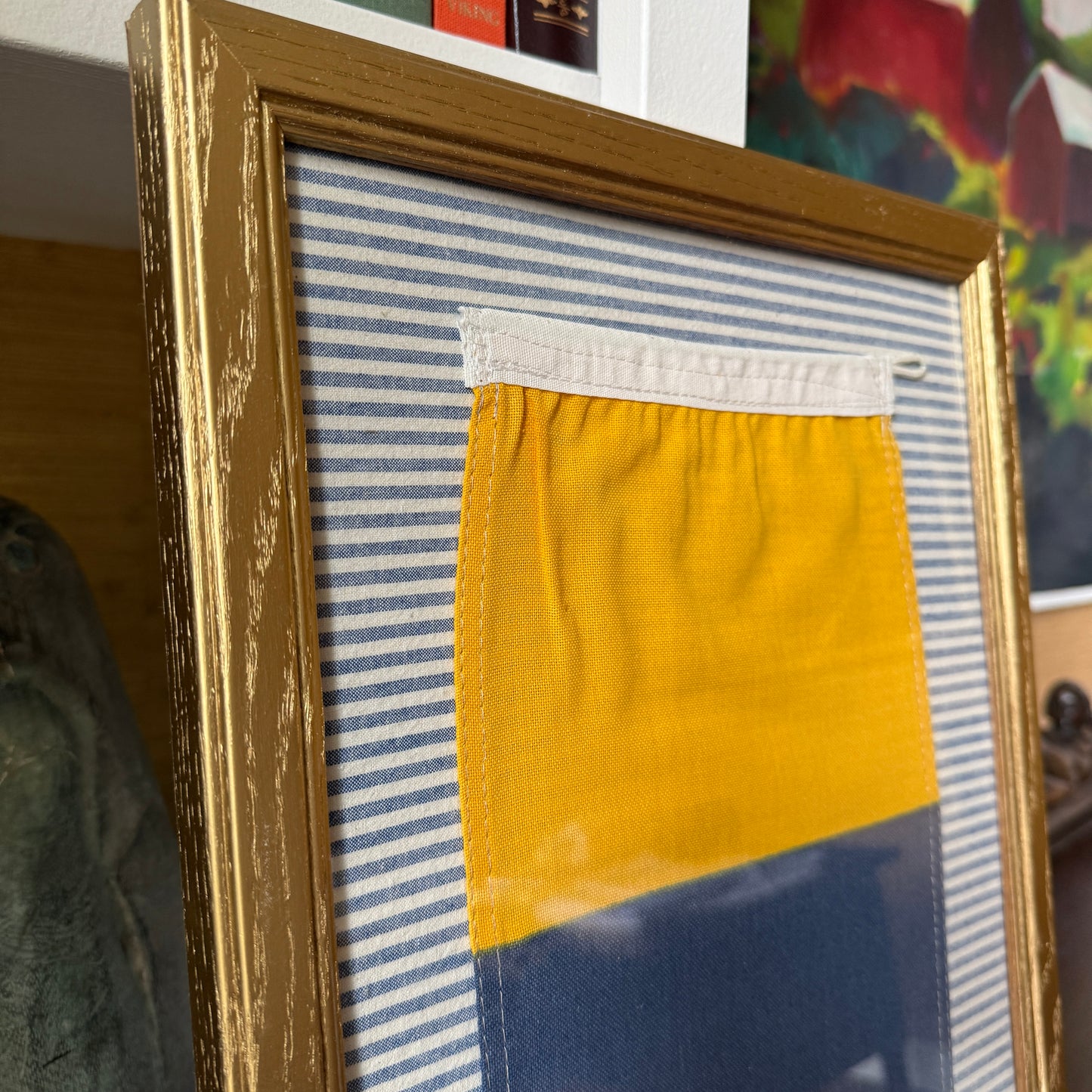 Vintage Cotton Canvas Nautical Yachting Signal Flag for "K" on Blue Ticking Stripe in Gold Frame