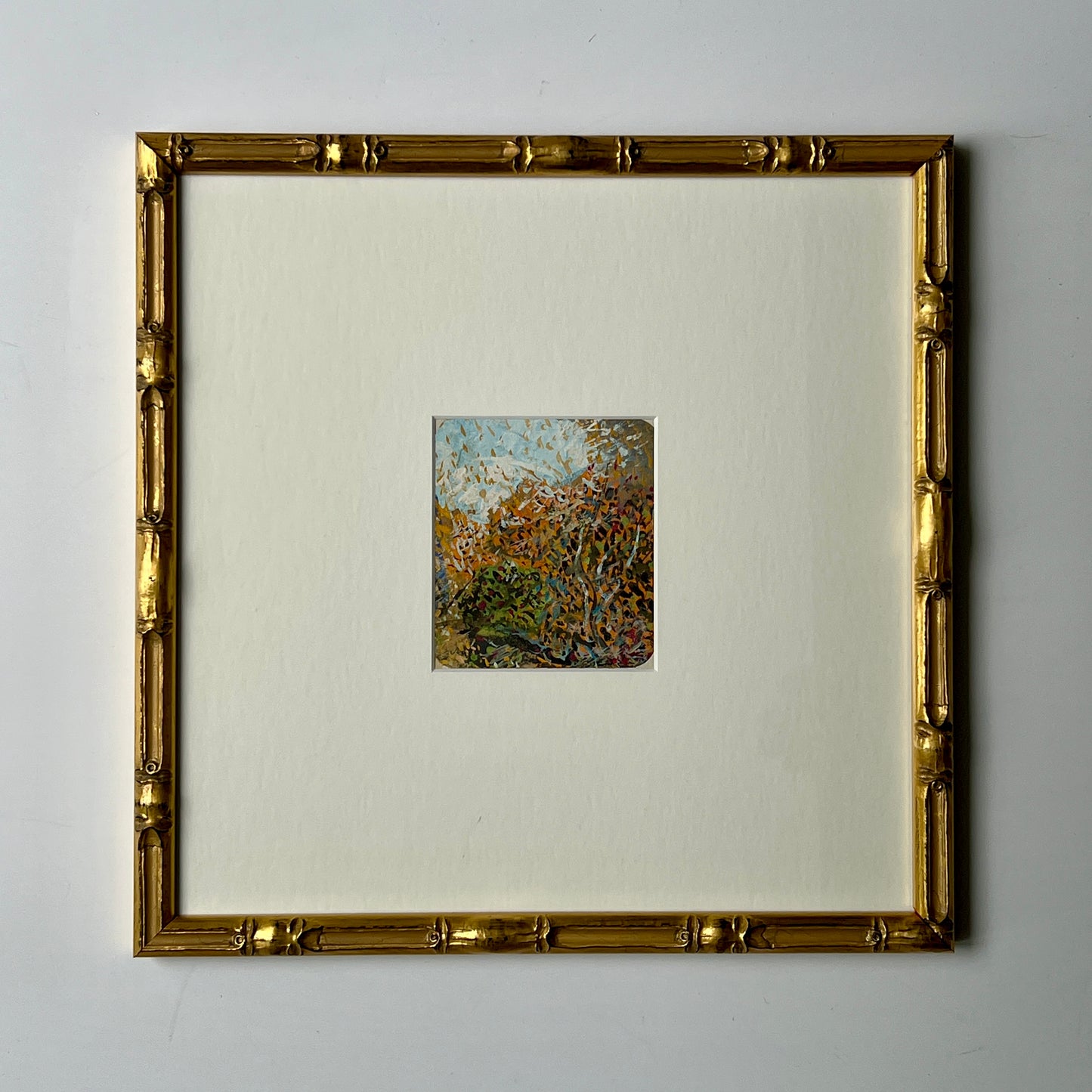 Vintage Colorful Abstract Lanscape Oil Painting in Light Gold Bamboo Frame
