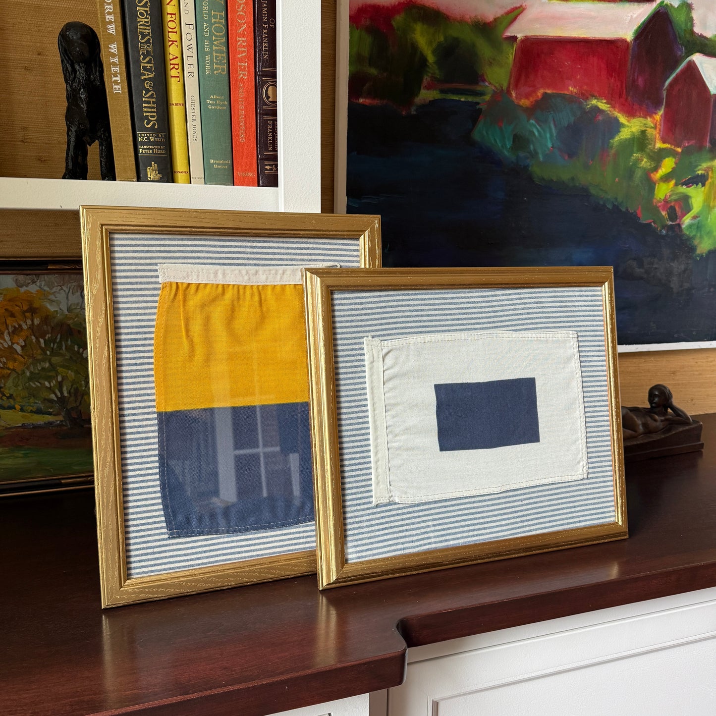 Vintage Cotton Canvas Nautical Yachting Signal Flag for "K" on Blue Ticking Stripe in Gold Frame