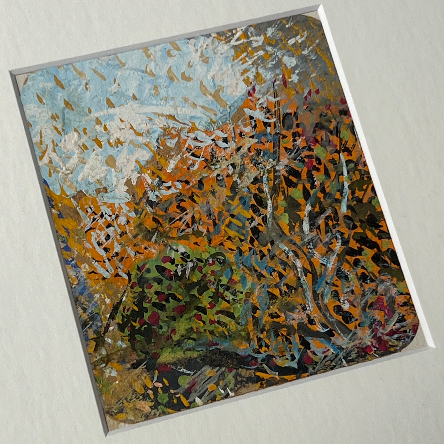 Vintage Colorful Abstract Lanscape Oil Painting in Light Gold Bamboo Frame