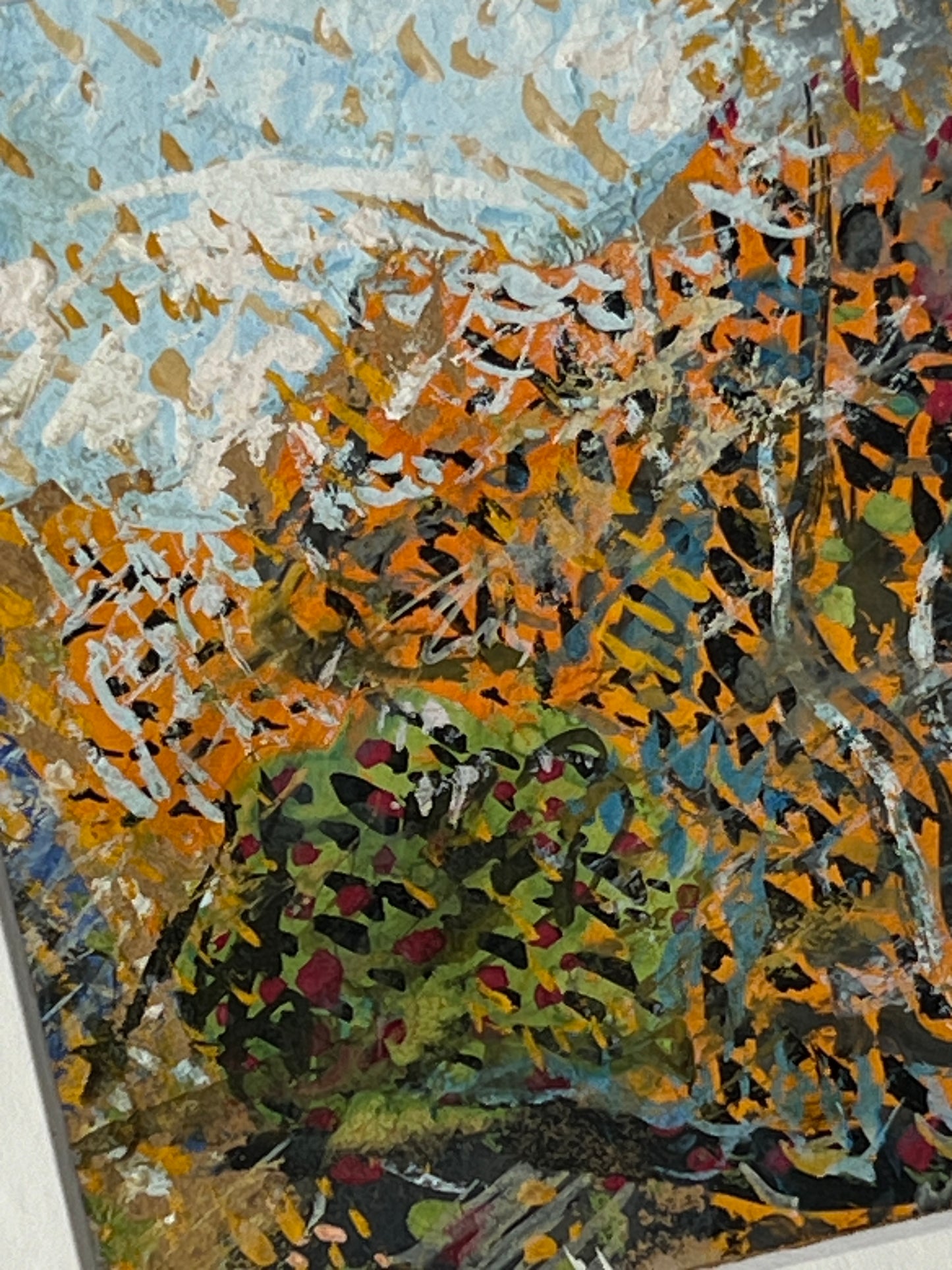 Vintage Colorful Abstract Lanscape Oil Painting in Light Gold Bamboo Frame