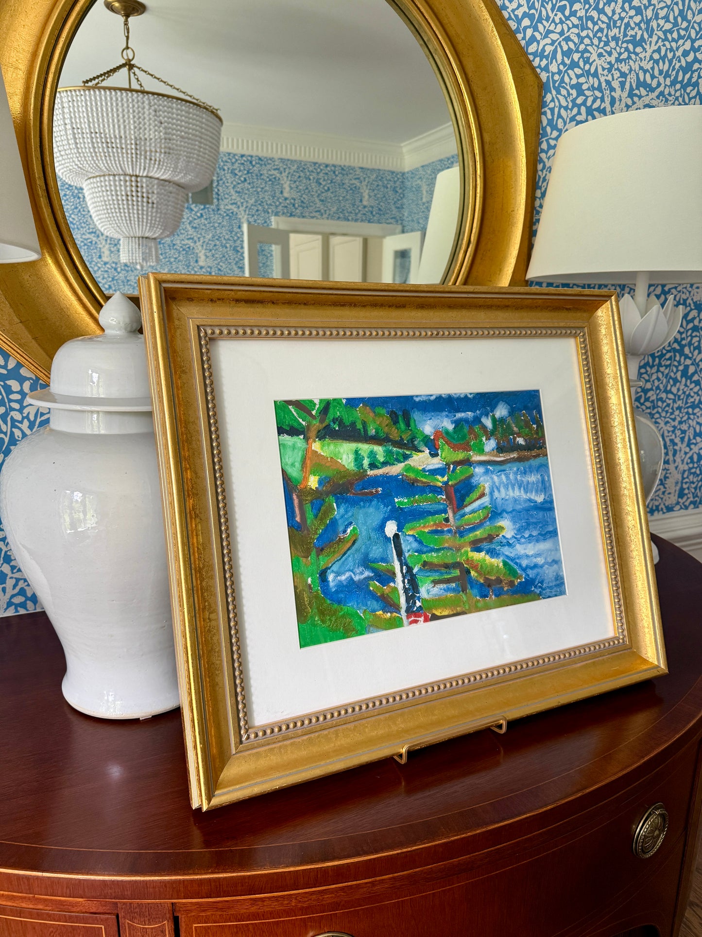 Deborah Beckwith Winship Rockport Garden Abstracted Coastal Landscape with American Flag Oil Painting in Gold Frame