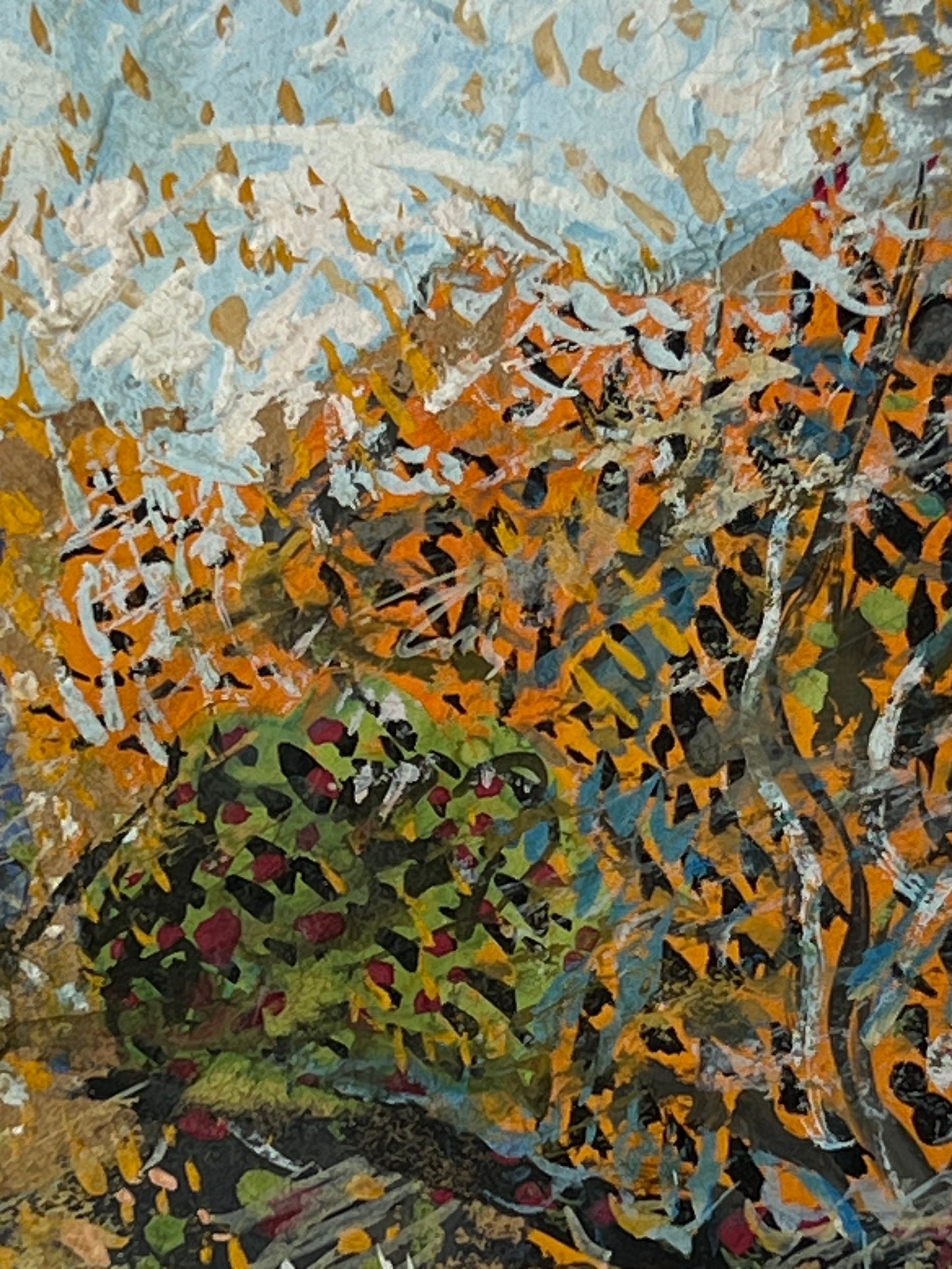 Vintage Colorful Abstract Lanscape Oil Painting in Light Gold Bamboo Frame