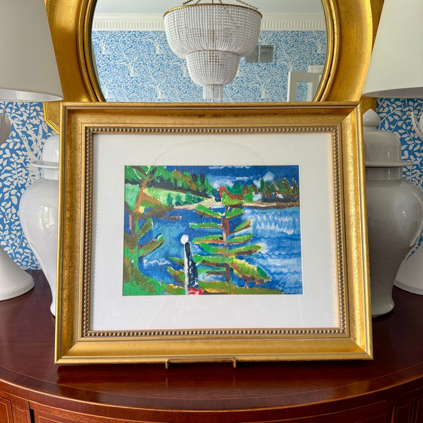 Deborah Beckwith Winship Rockport Garden Abstracted Coastal Landscape with American Flag Oil Painting in Gold Frame