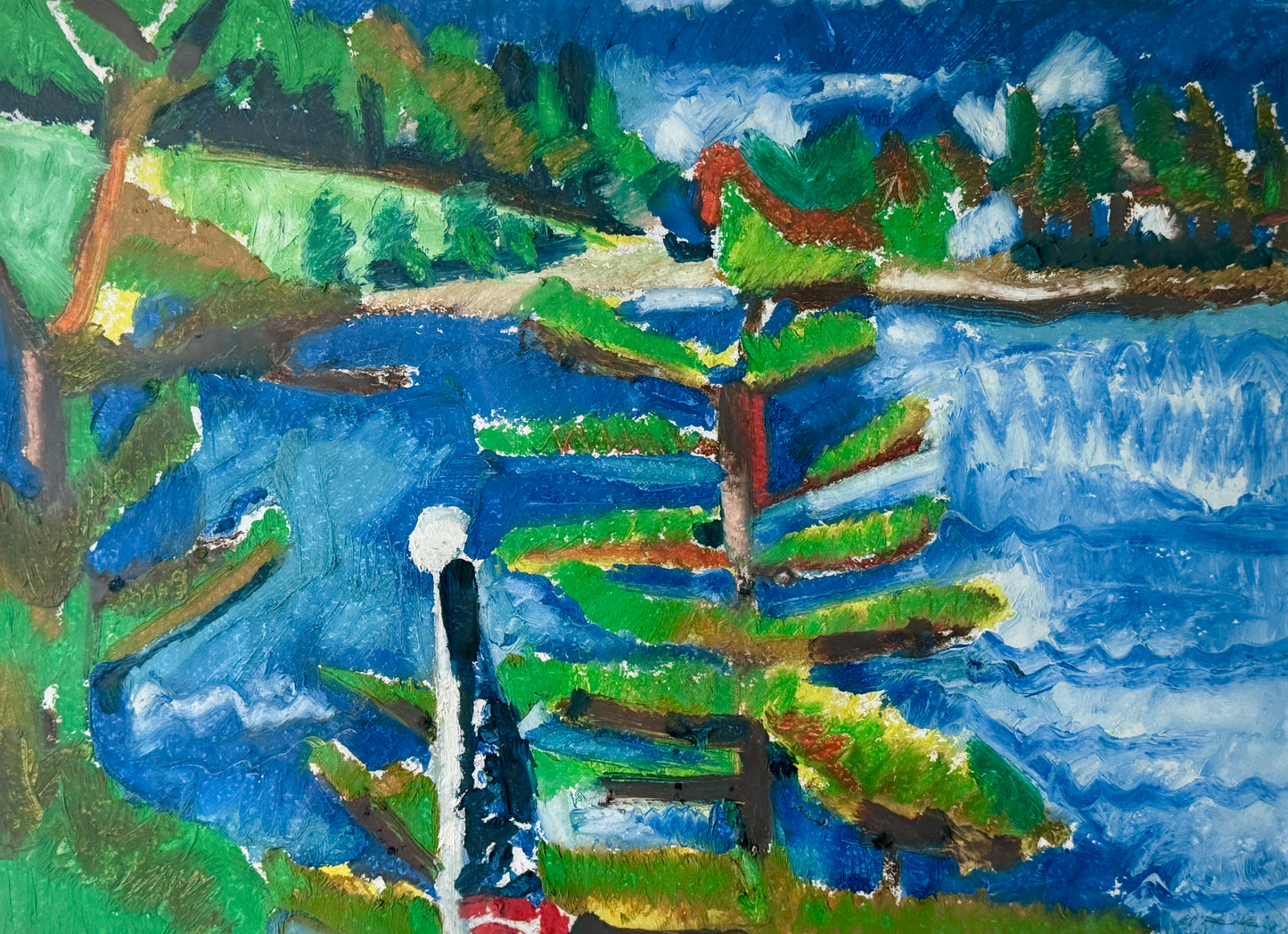 Deborah Beckwith Winship Rockport Garden Abstracted Coastal Landscape with American Flag Oil Painting in Gold Frame