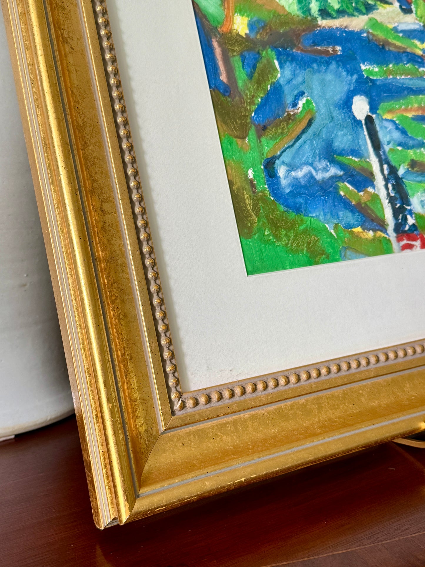 Deborah Beckwith Winship Rockport Garden Abstracted Coastal Landscape with American Flag Oil Painting in Gold Frame